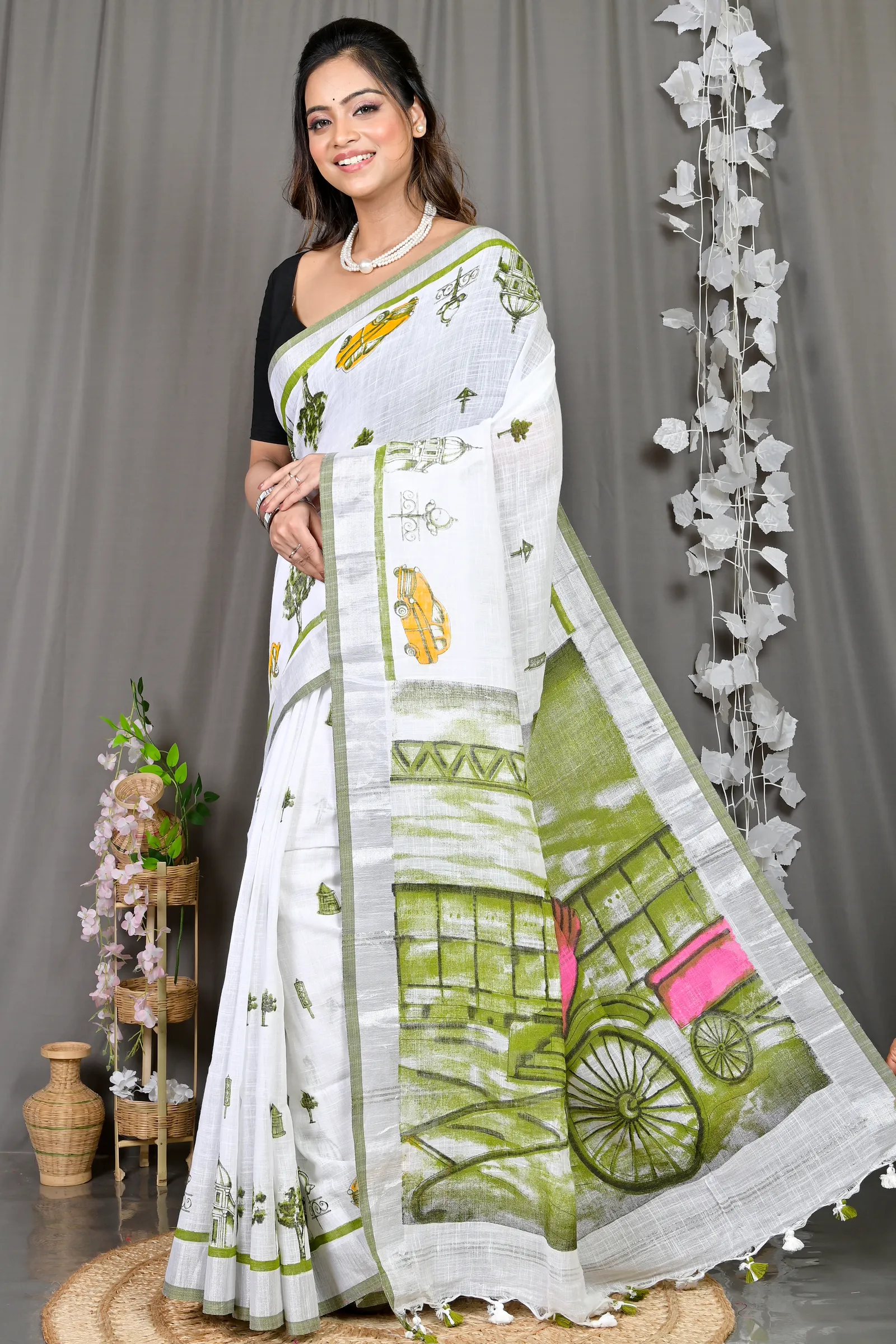 DipDiya Pure Cotton White Green Soher Heritage of Bengal Printed Handloom Sarees