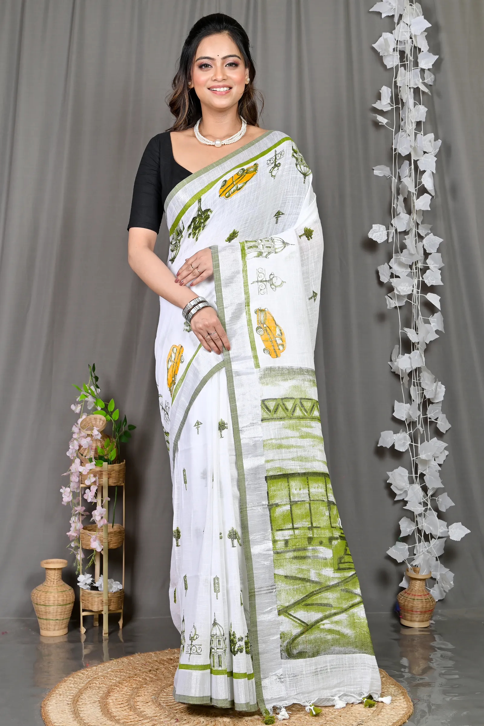 DipDiya Pure Cotton White Green Soher Heritage of Bengal Printed Handloom Sarees