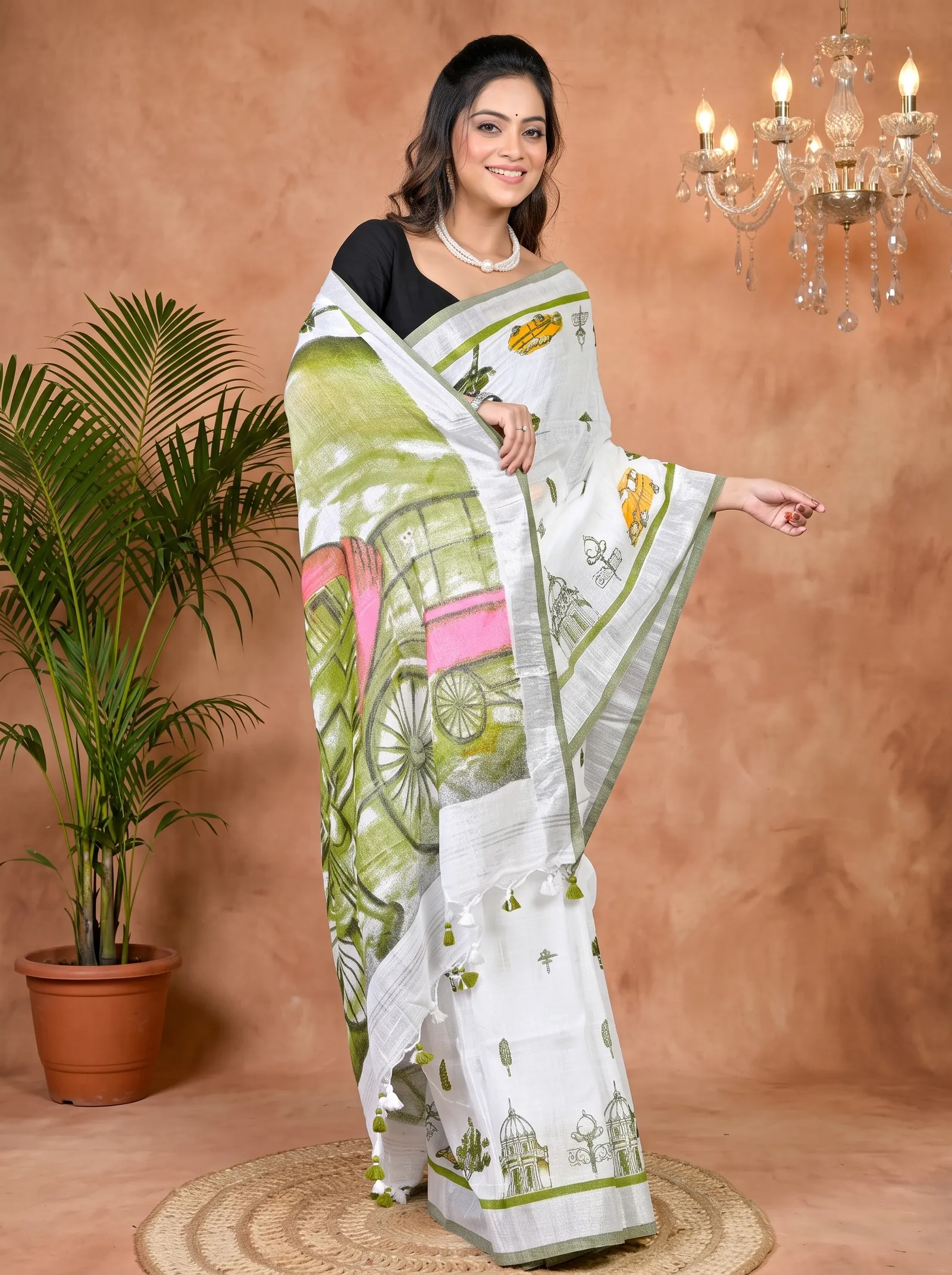 DipDiya Pure Cotton White Green Soher Heritage of Bengal Printed Handloom Sarees