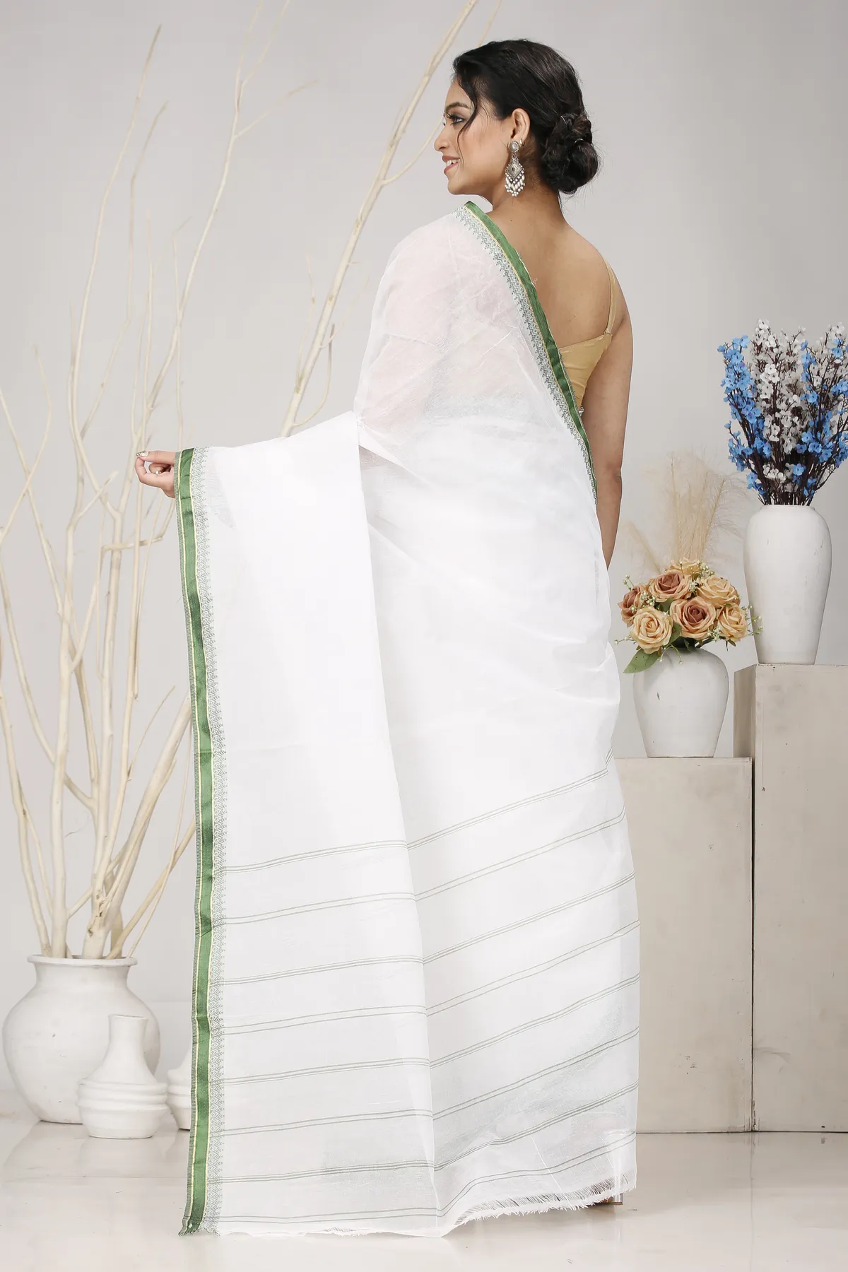 DipDiya Pure Cotton White Green Subra Tradition in Every Thread Tant Sarees