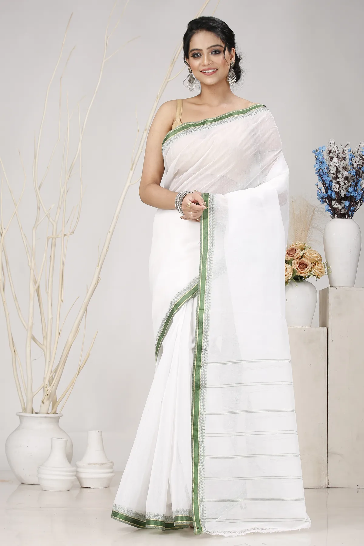 DipDiya Pure Cotton White Green Subra Tradition in Every Thread Tant Sarees