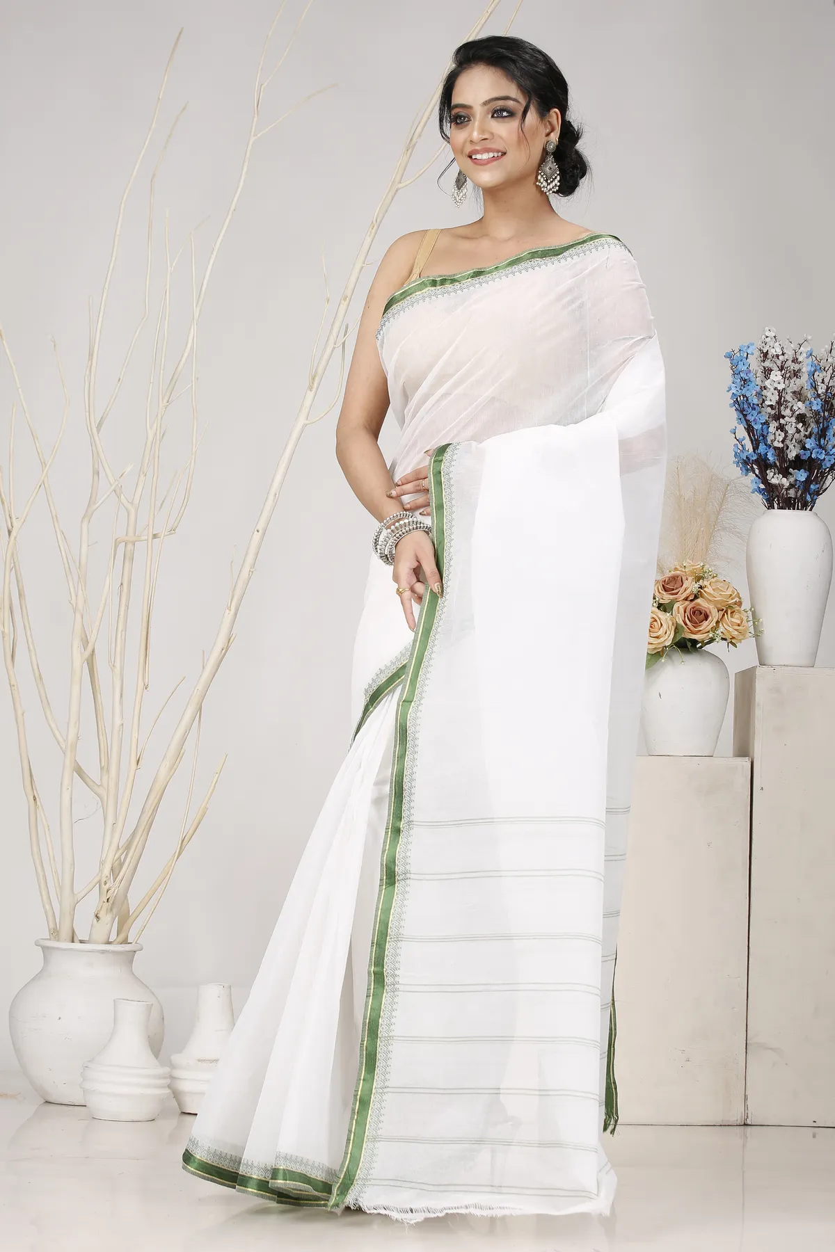 DipDiya Pure Cotton White Green Subra Tradition in Every Thread Tant Sarees