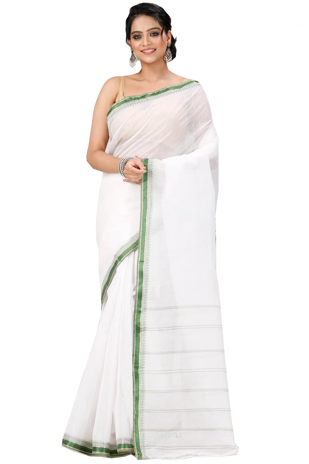 DipDiya Pure Cotton White Green Subra Tradition in Every Thread Tant Sarees