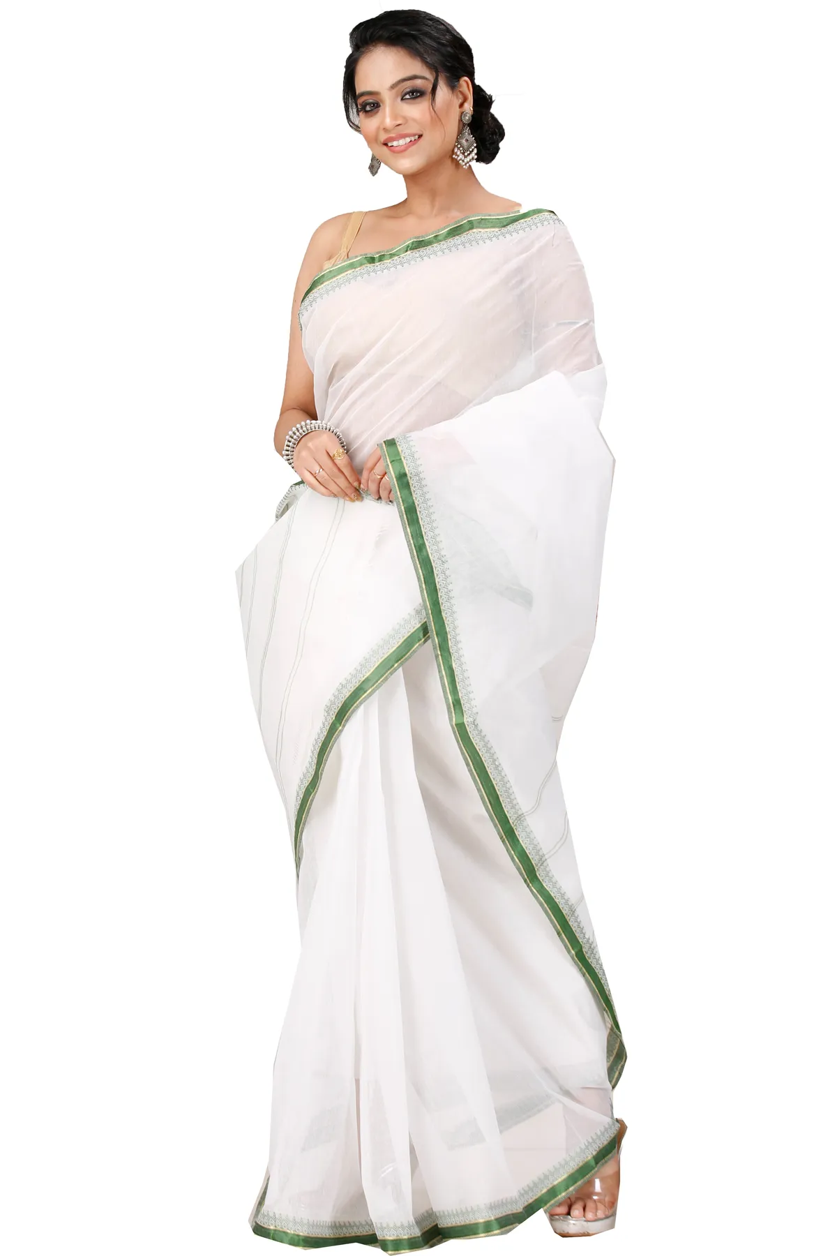DipDiya Pure Cotton White Green Subra Tradition in Every Thread Tant Sarees