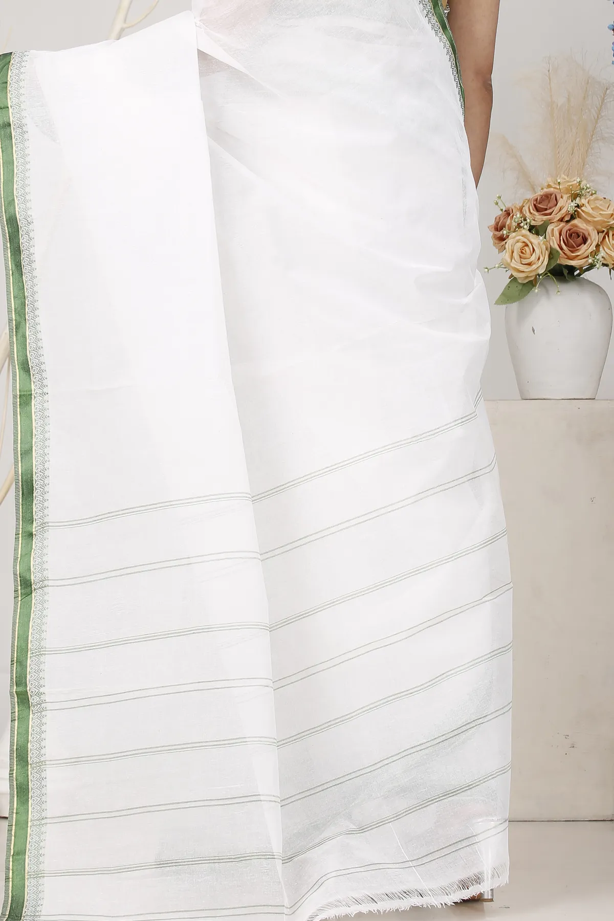 DipDiya Pure Cotton White Green Subra Tradition in Every Thread Tant Sarees