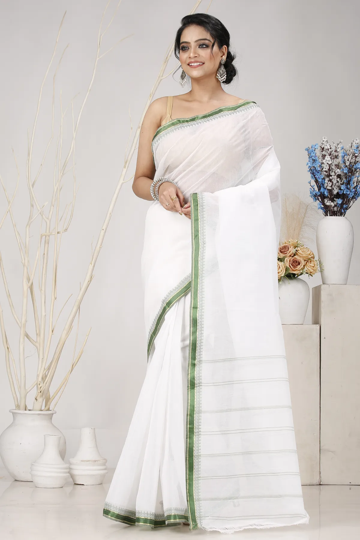 DipDiya Pure Cotton White Green Subra Tradition in Every Thread Tant Sarees
