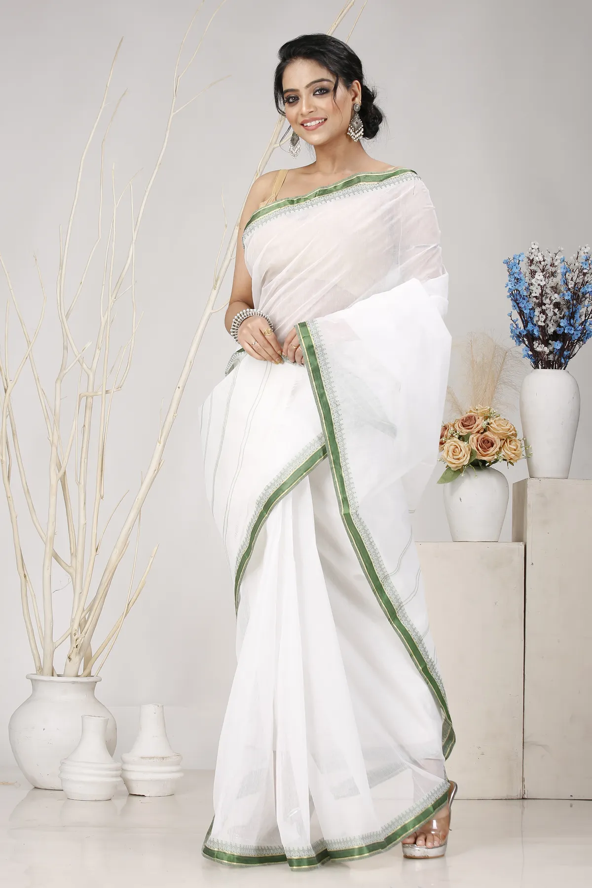 DipDiya Pure Cotton White Green Subra Tradition in Every Thread Tant Sarees