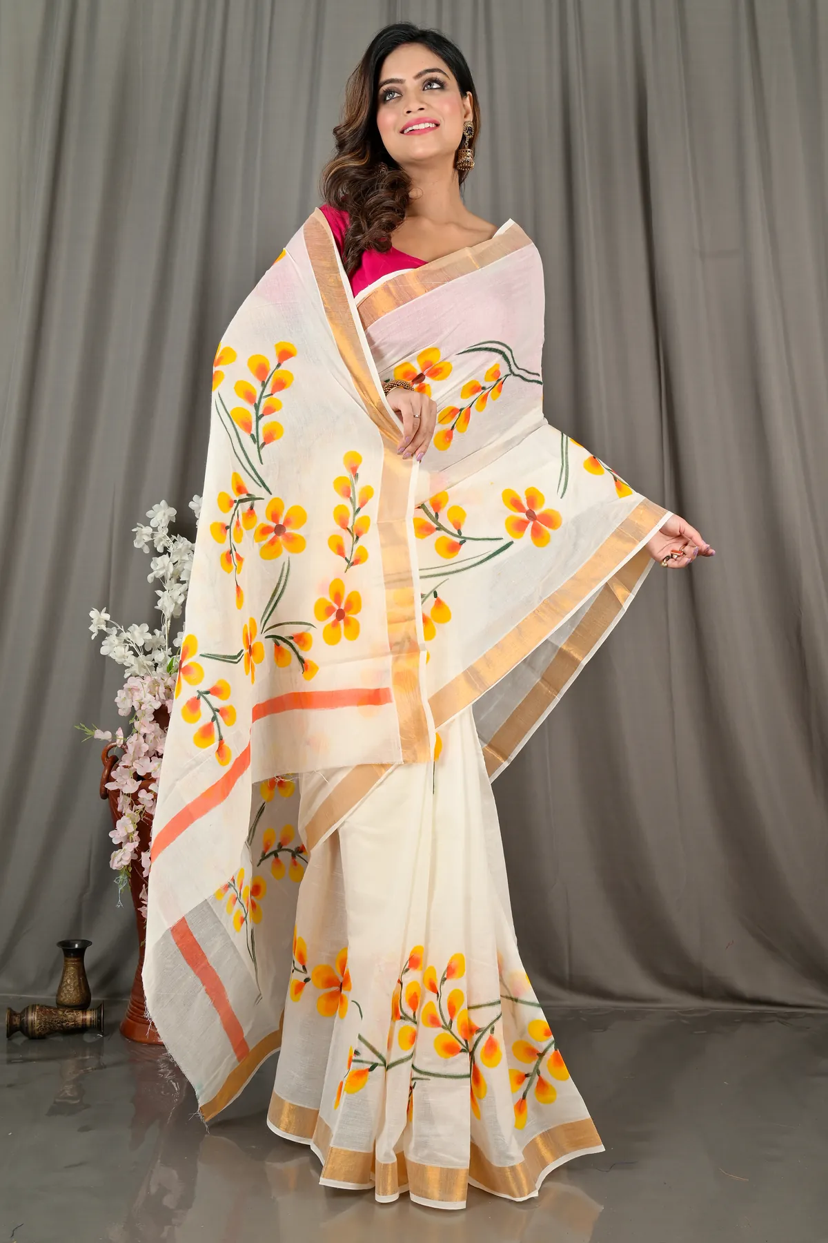 DipDiya Pure Cotton White Hataka Effortless Traditions Hand Painted Sarees