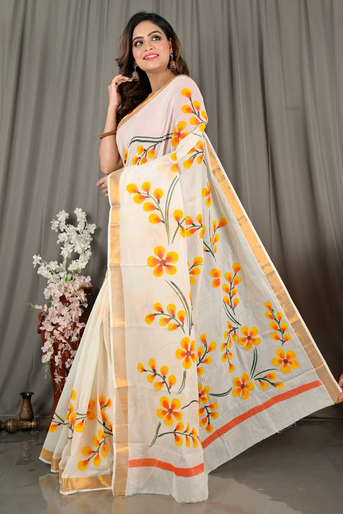 DipDiya Pure Cotton White Hataka Effortless Traditions Hand Painted Sarees