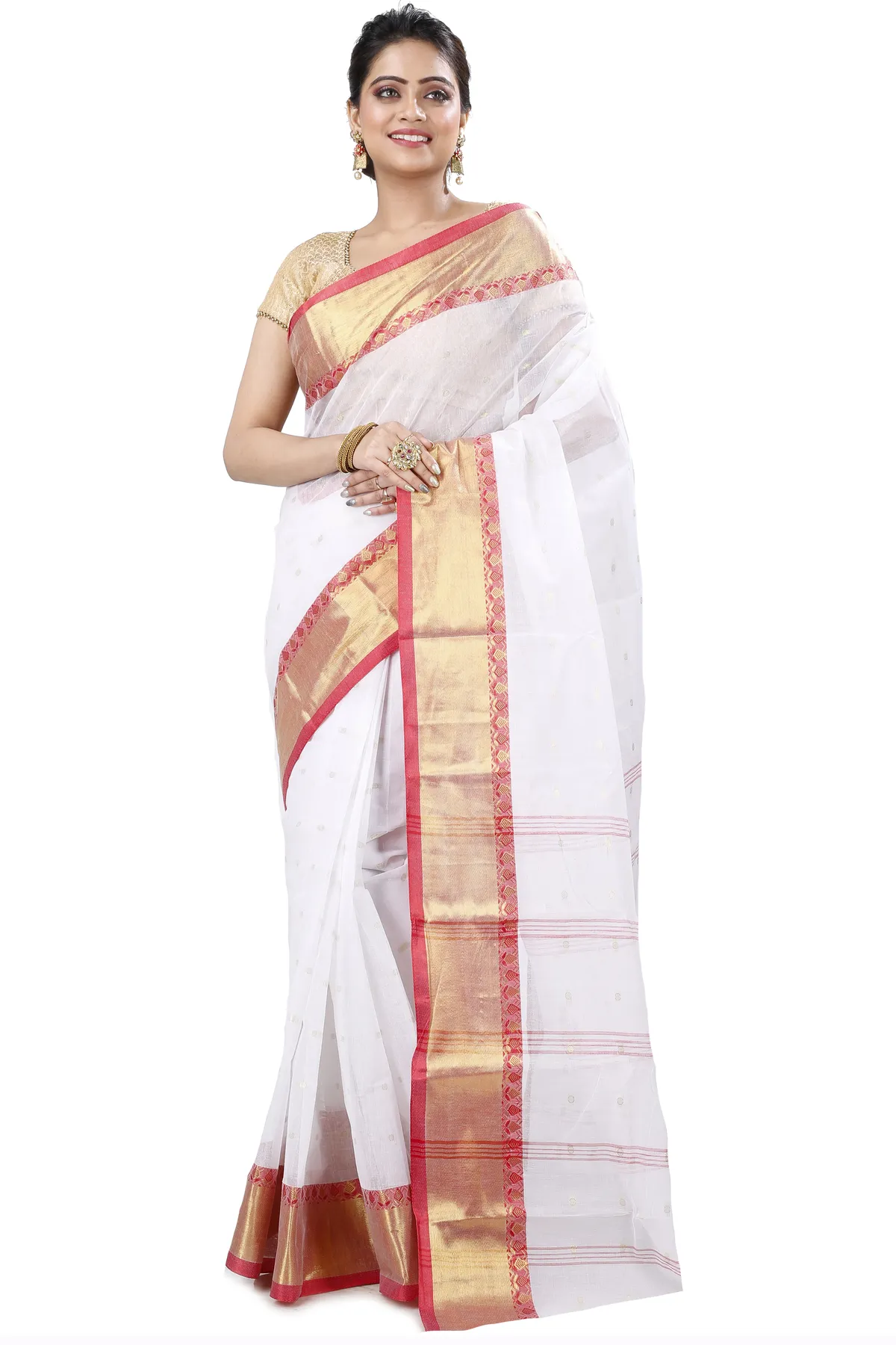 DipDiya Pure Cotton White JoriPar Artisan Woven Tant Sarees