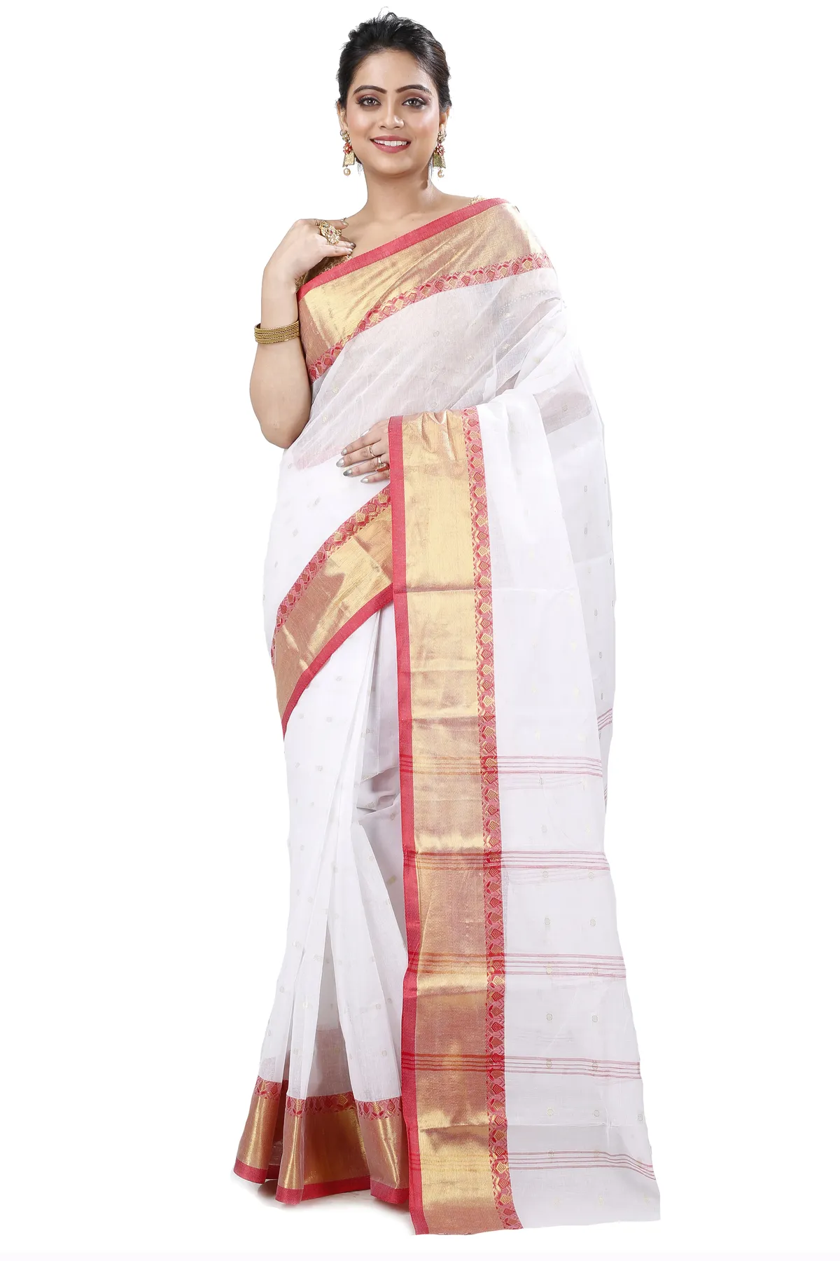 DipDiya Pure Cotton White JoriPar Artisan Woven Tant Sarees