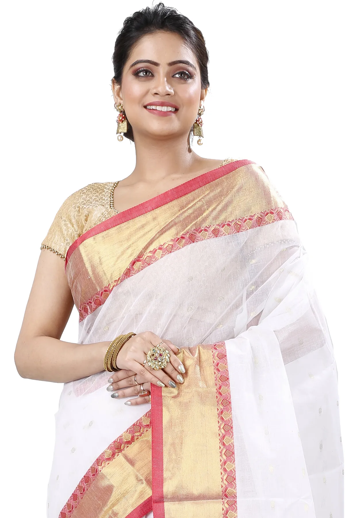 DipDiya Pure Cotton White JoriPar Artisan Woven Tant Sarees