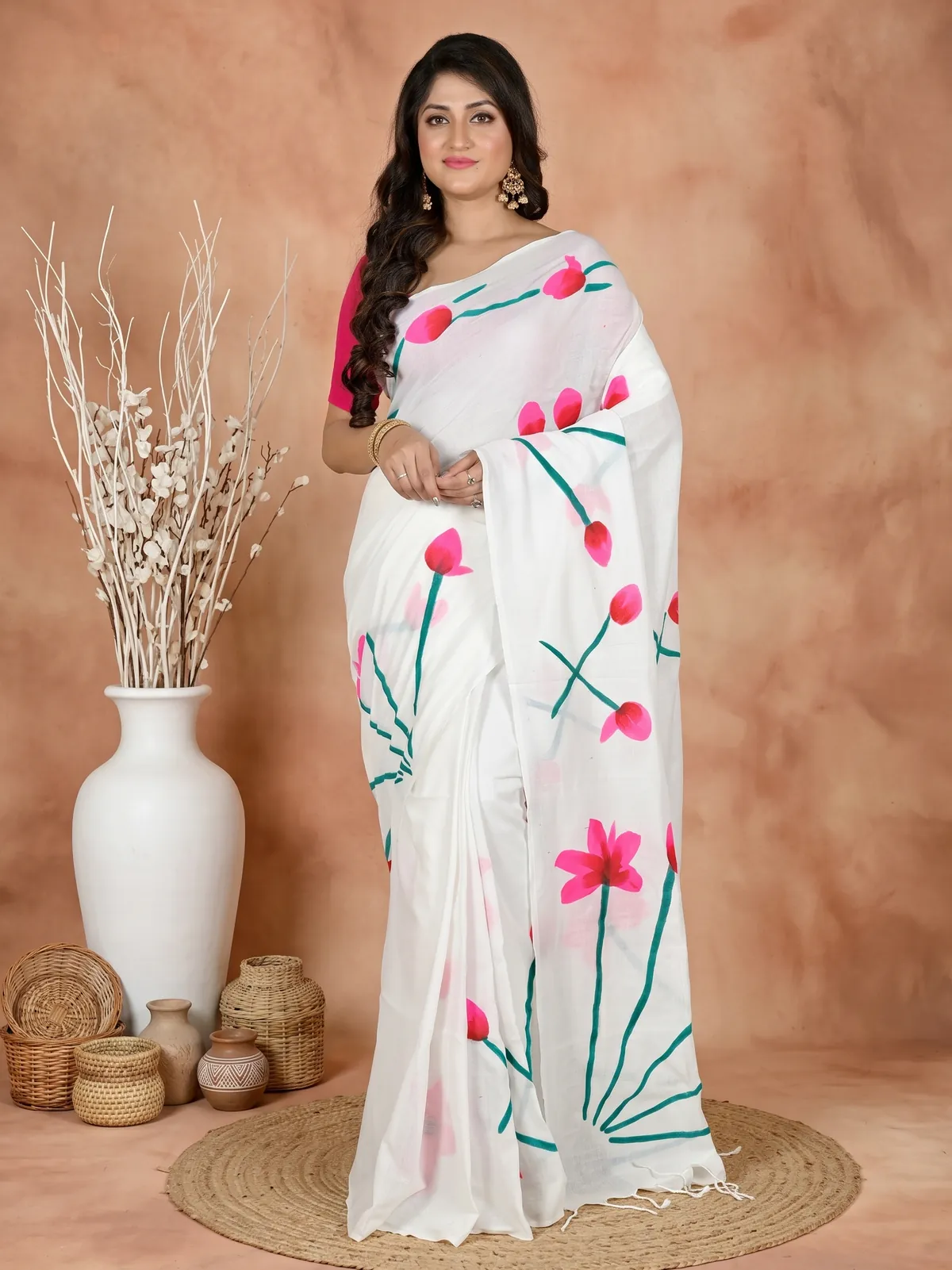 DipDiya Pure Cotton White Kamal Heritage Elegance Hand Painted Sarees