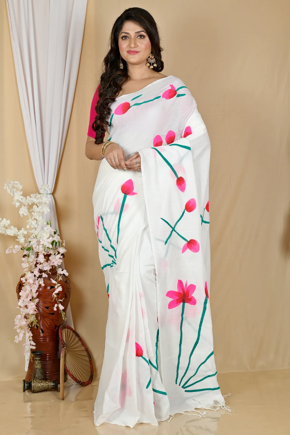 DipDiya Pure Cotton White Kamal Heritage Elegance Hand Painted Sarees