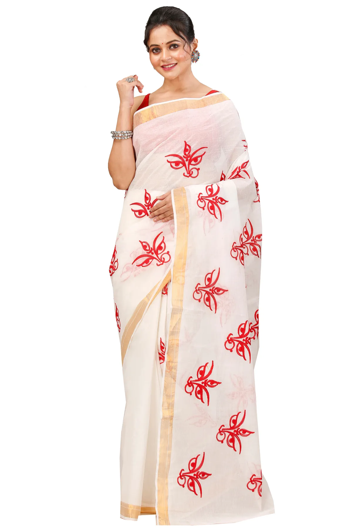 DipDiya Pure Cotton White Leoto Heritage of Bengal Embroidery Tant Sarees