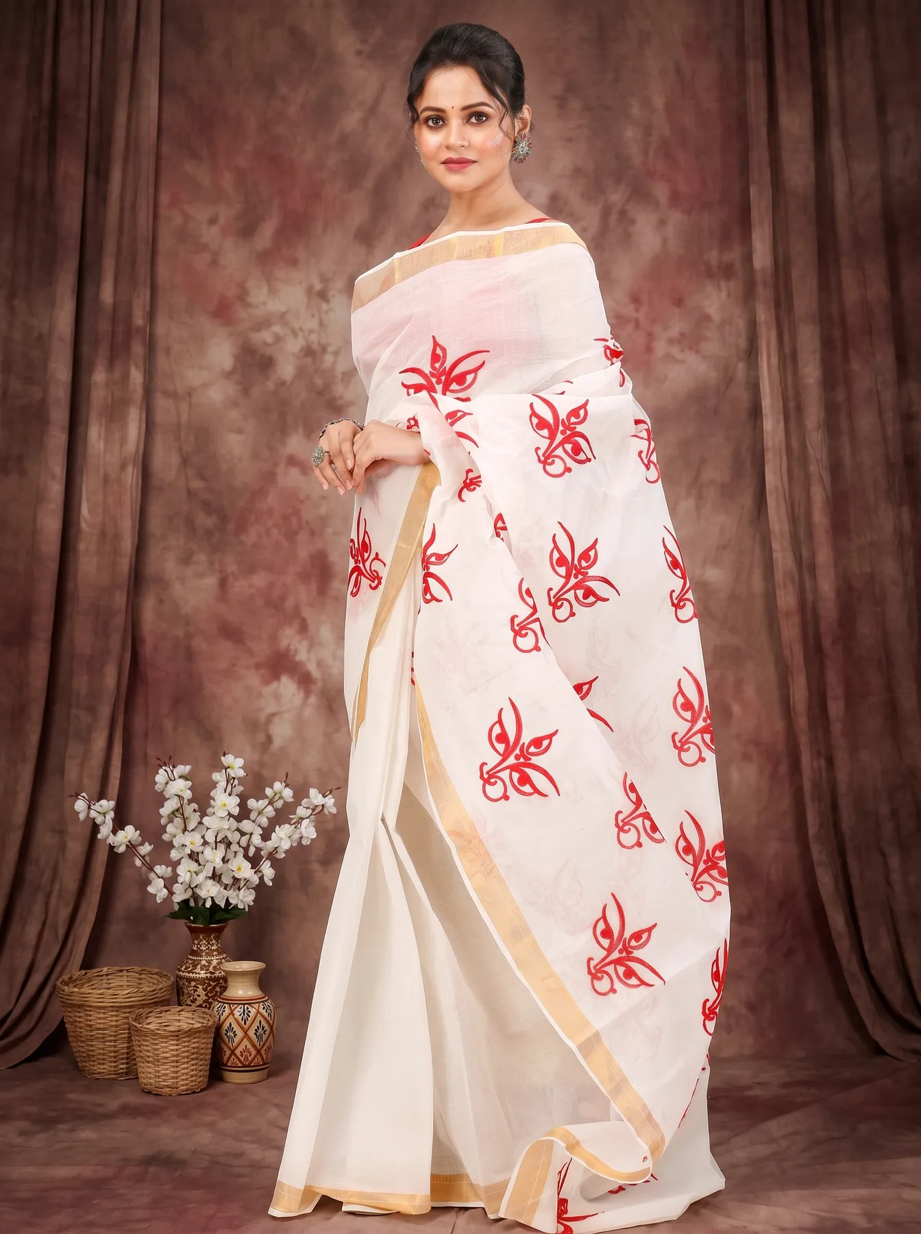 DipDiya Pure Cotton White Leoto Heritage of Bengal Embroidery Tant Sarees