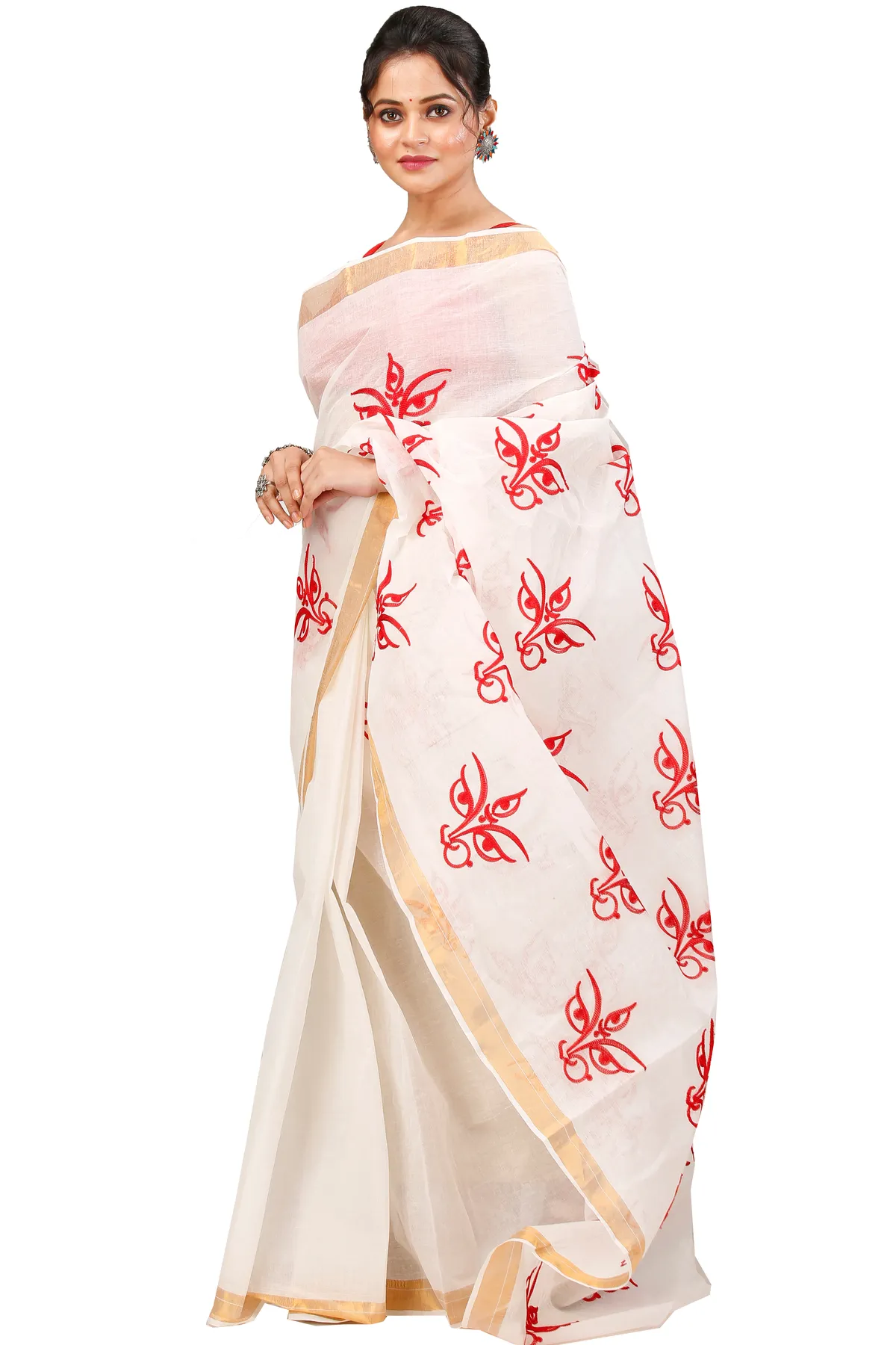DipDiya Pure Cotton White Leoto Heritage of Bengal Embroidery Tant Sarees