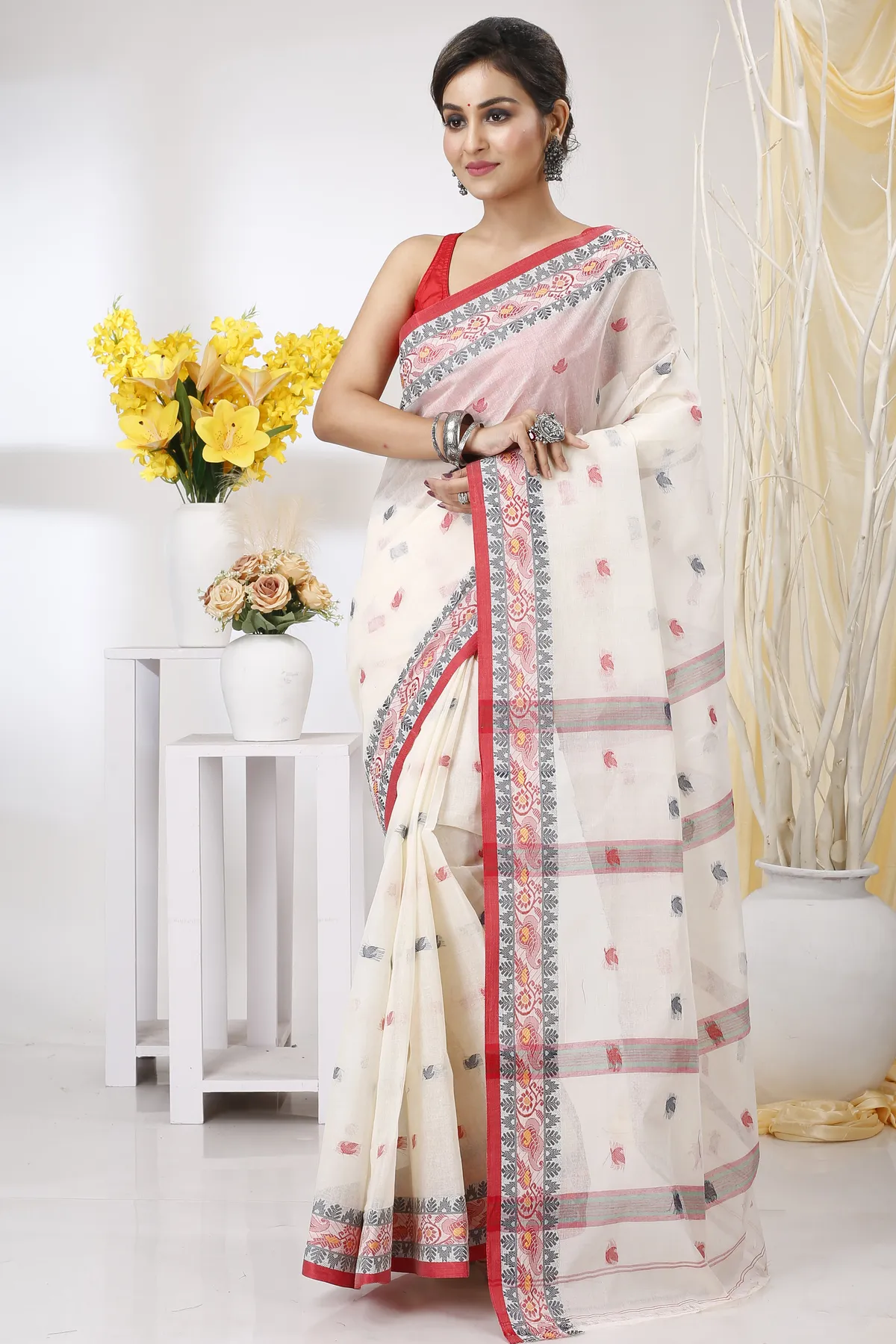 DipDiya Pure Cotton White Leron Threads of Tradition Tant Sarees