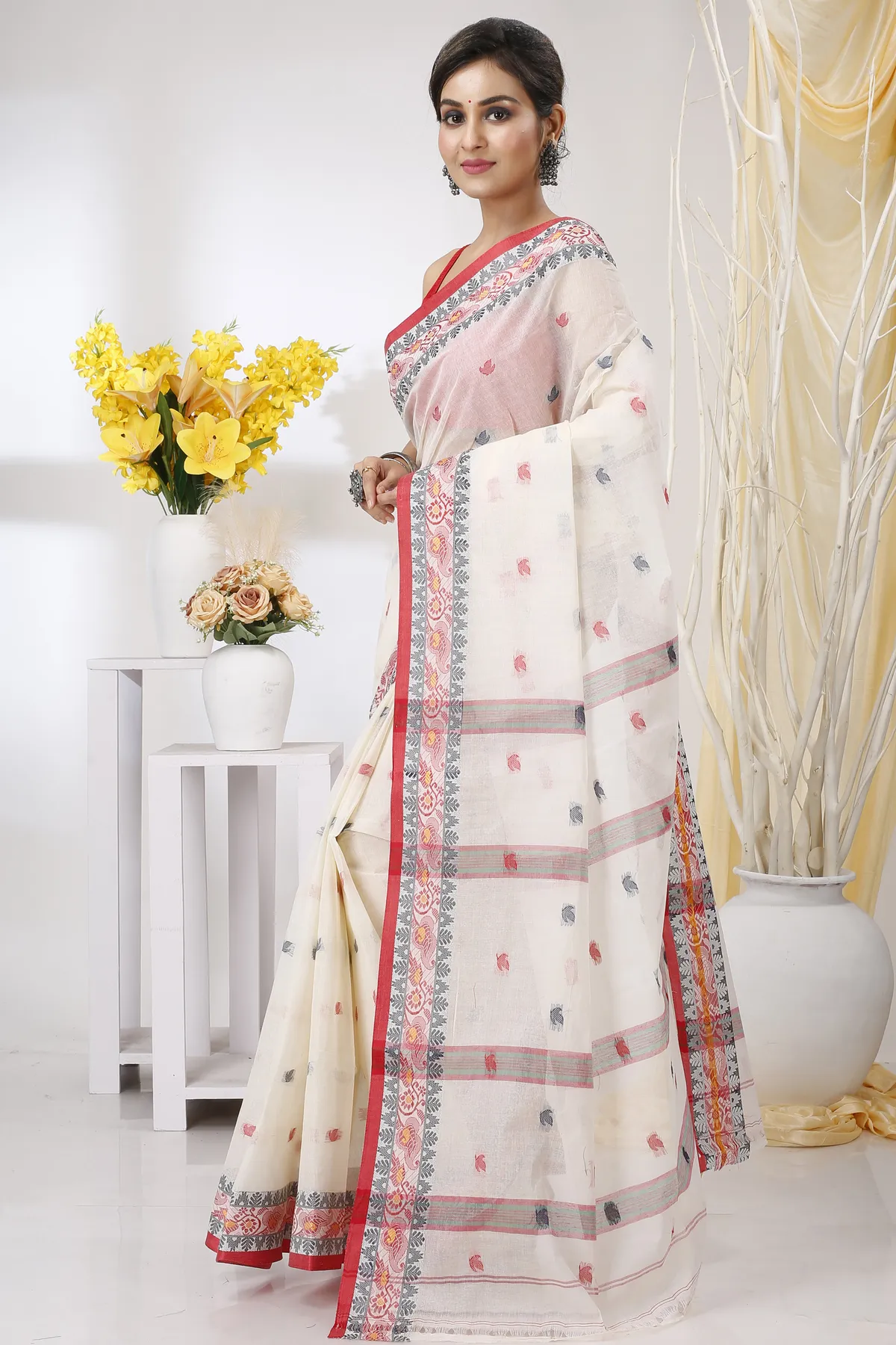 DipDiya Pure Cotton White Leron Threads of Tradition Tant Sarees