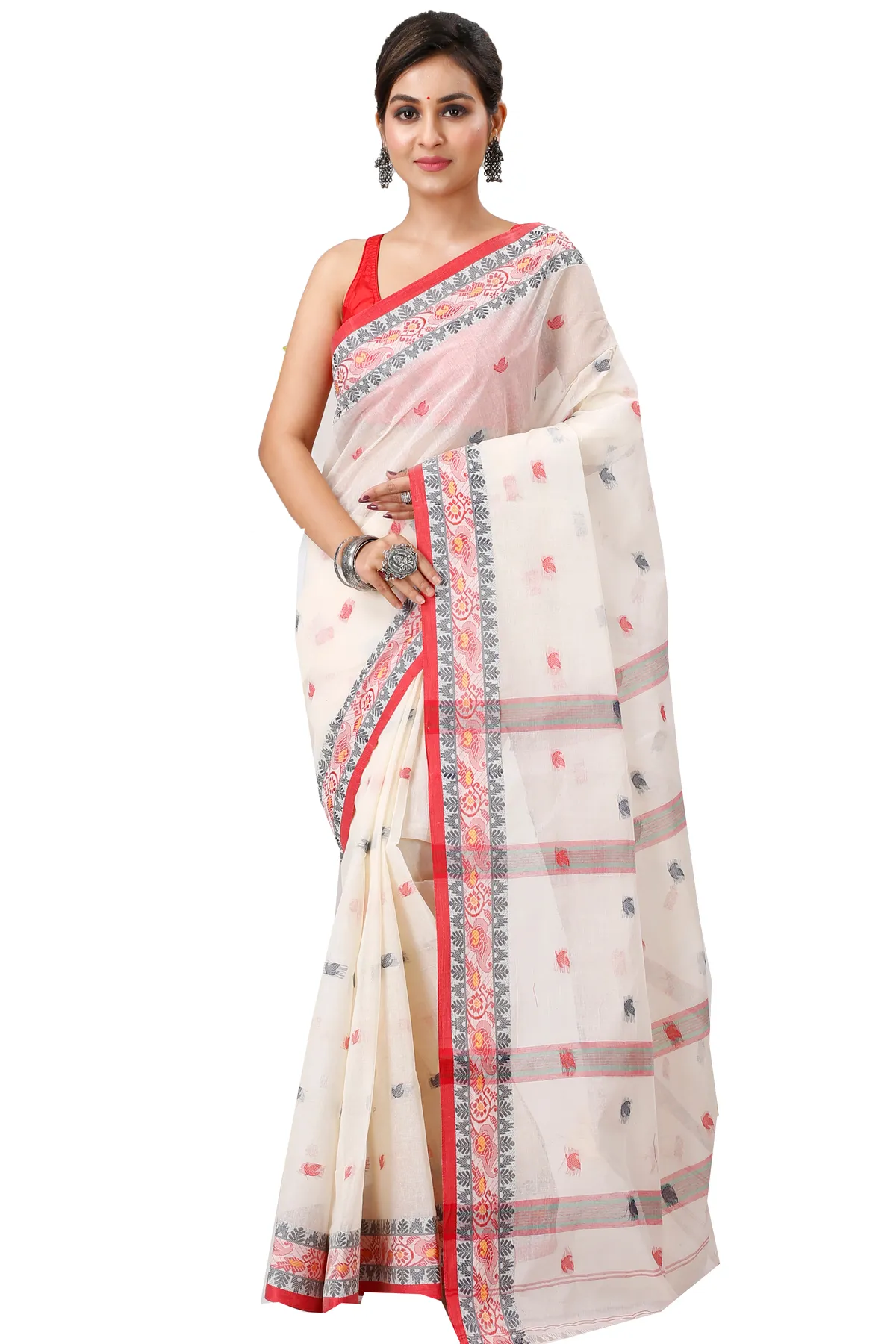 DipDiya Pure Cotton White Leron Threads of Tradition Tant Sarees