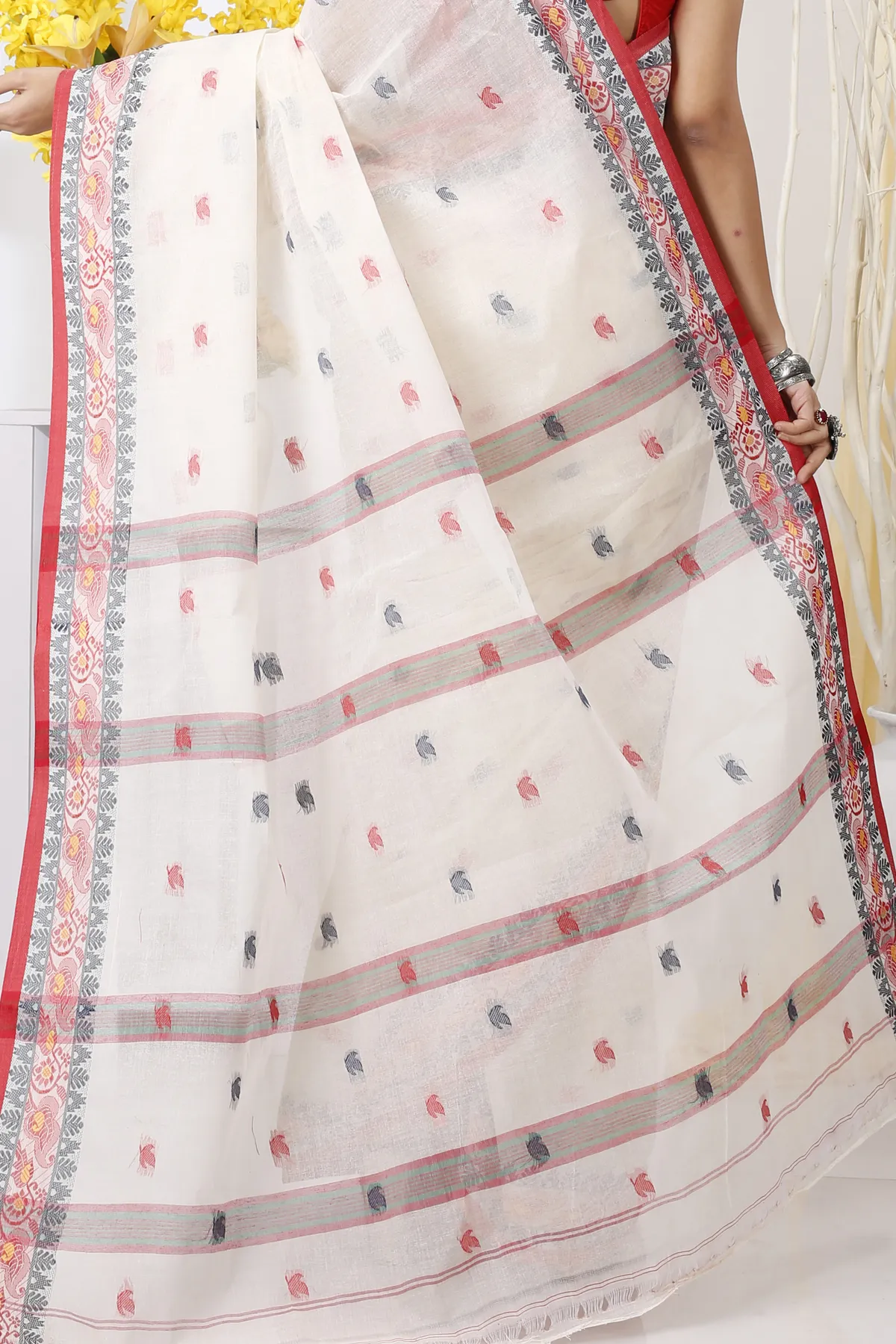 DipDiya Pure Cotton White Leron Threads of Tradition Tant Sarees