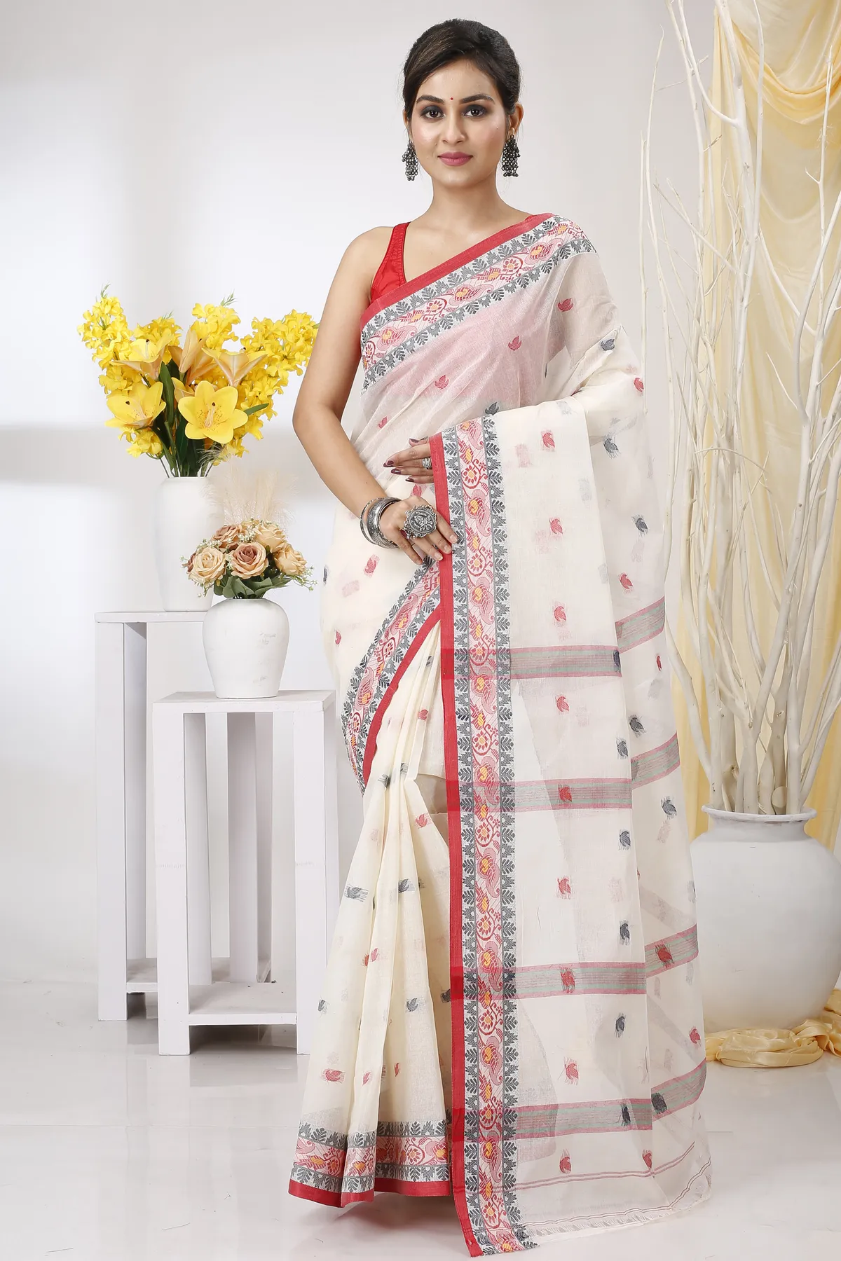 DipDiya Pure Cotton White Leron Threads of Tradition Tant Sarees