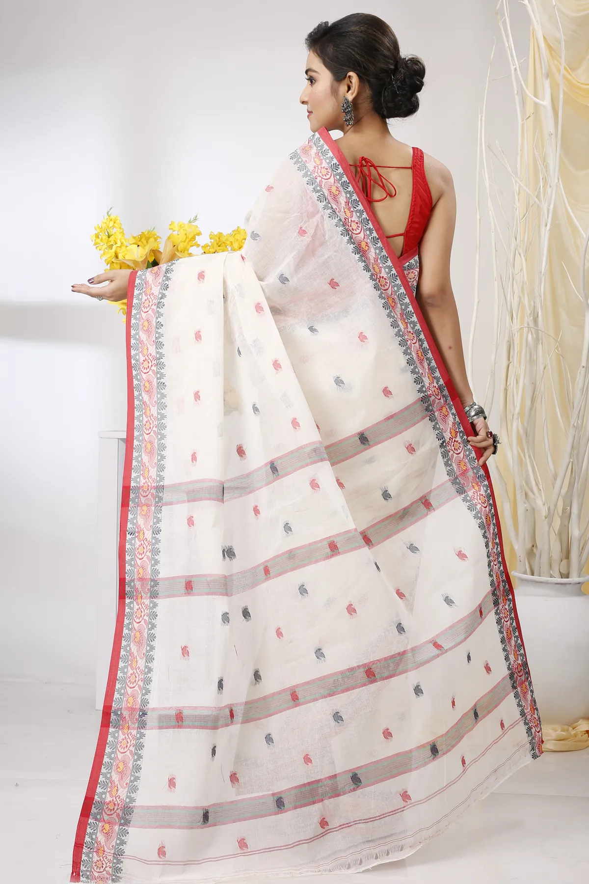 DipDiya Pure Cotton White Leron Threads of Tradition Tant Sarees