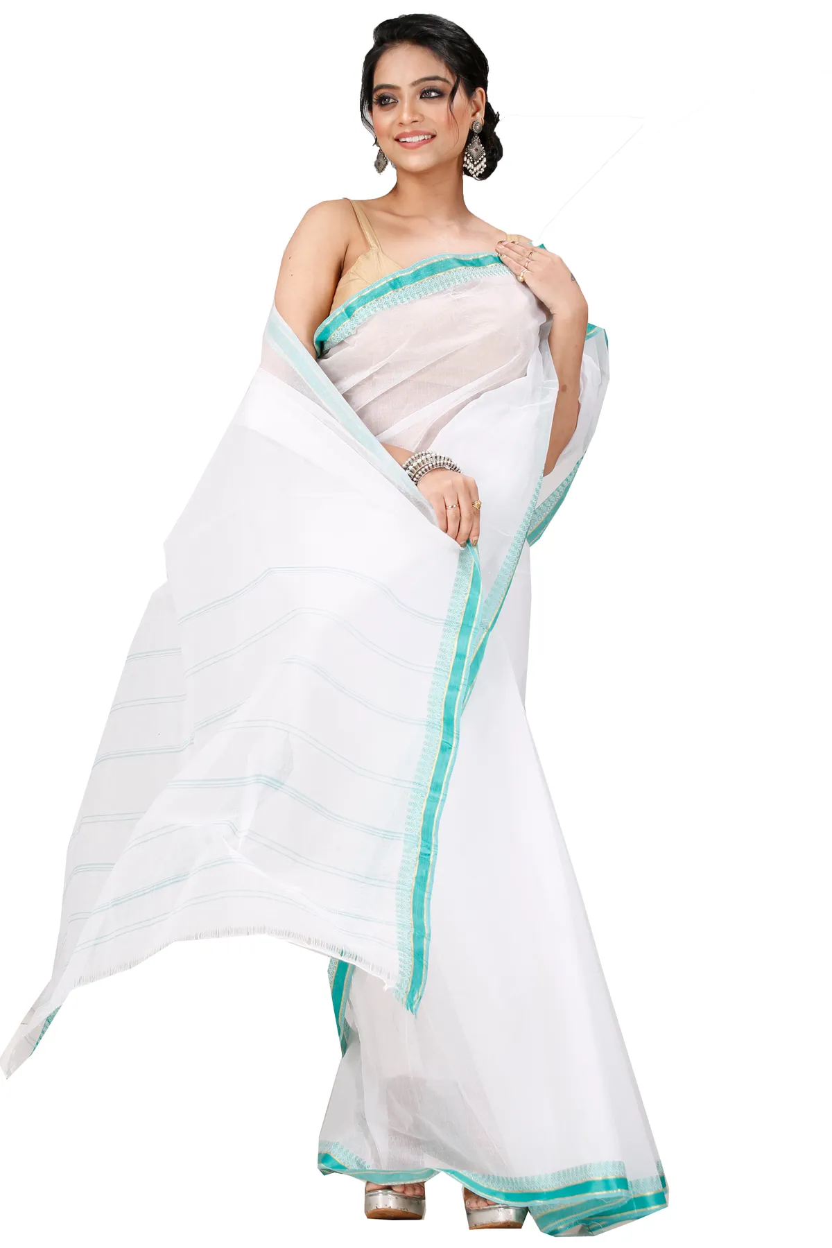 DipDiya Pure Cotton White Light Green Subra Traditional Elegance Tant Sarees