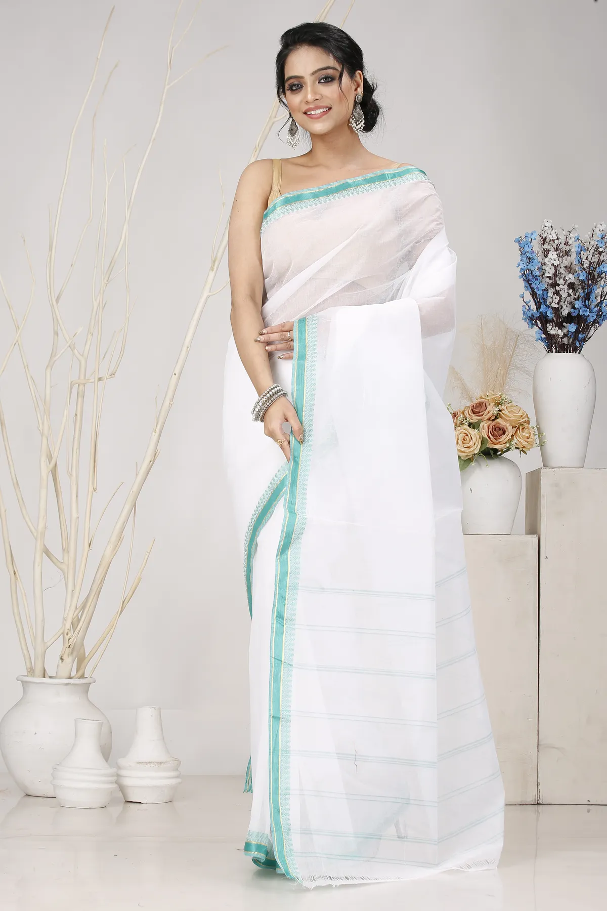 DipDiya Pure Cotton White Light Green Subra Traditional Elegance Tant Sarees