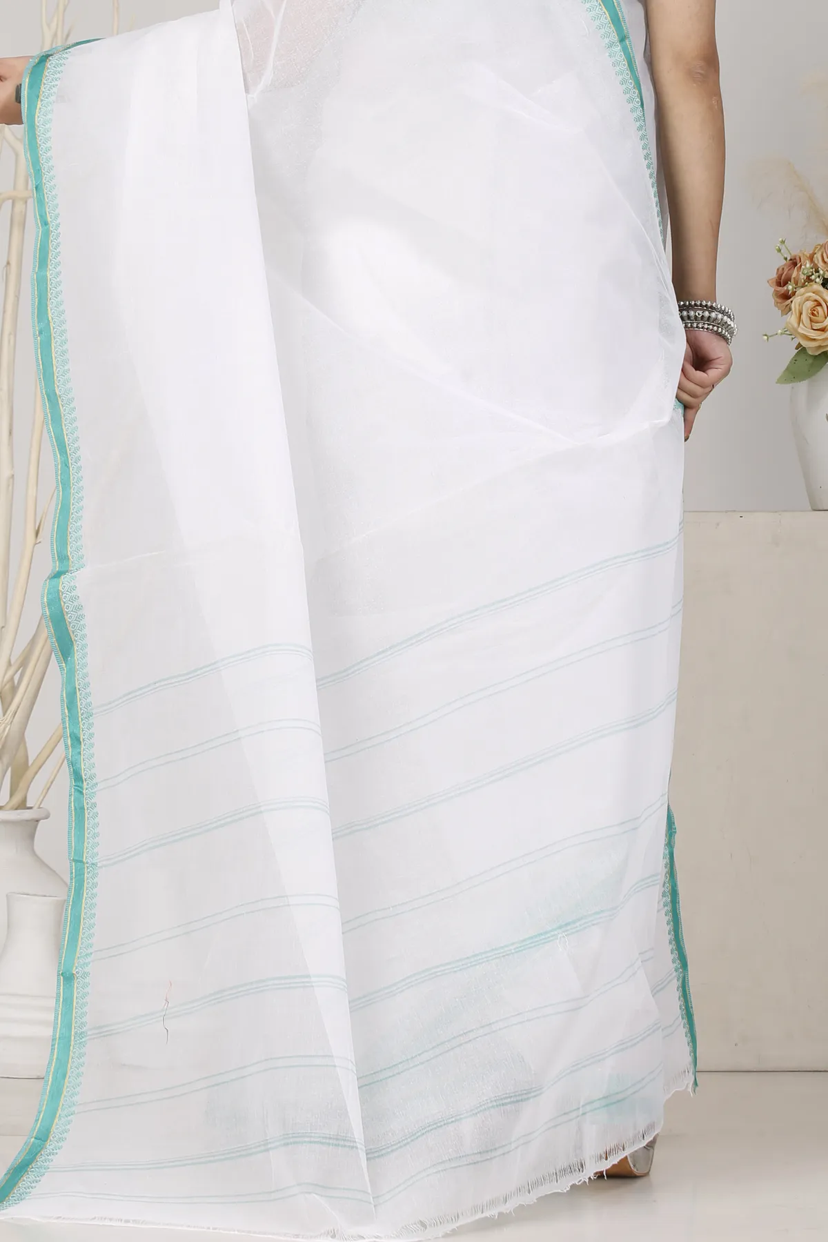 DipDiya Pure Cotton White Light Green Subra Traditional Elegance Tant Sarees