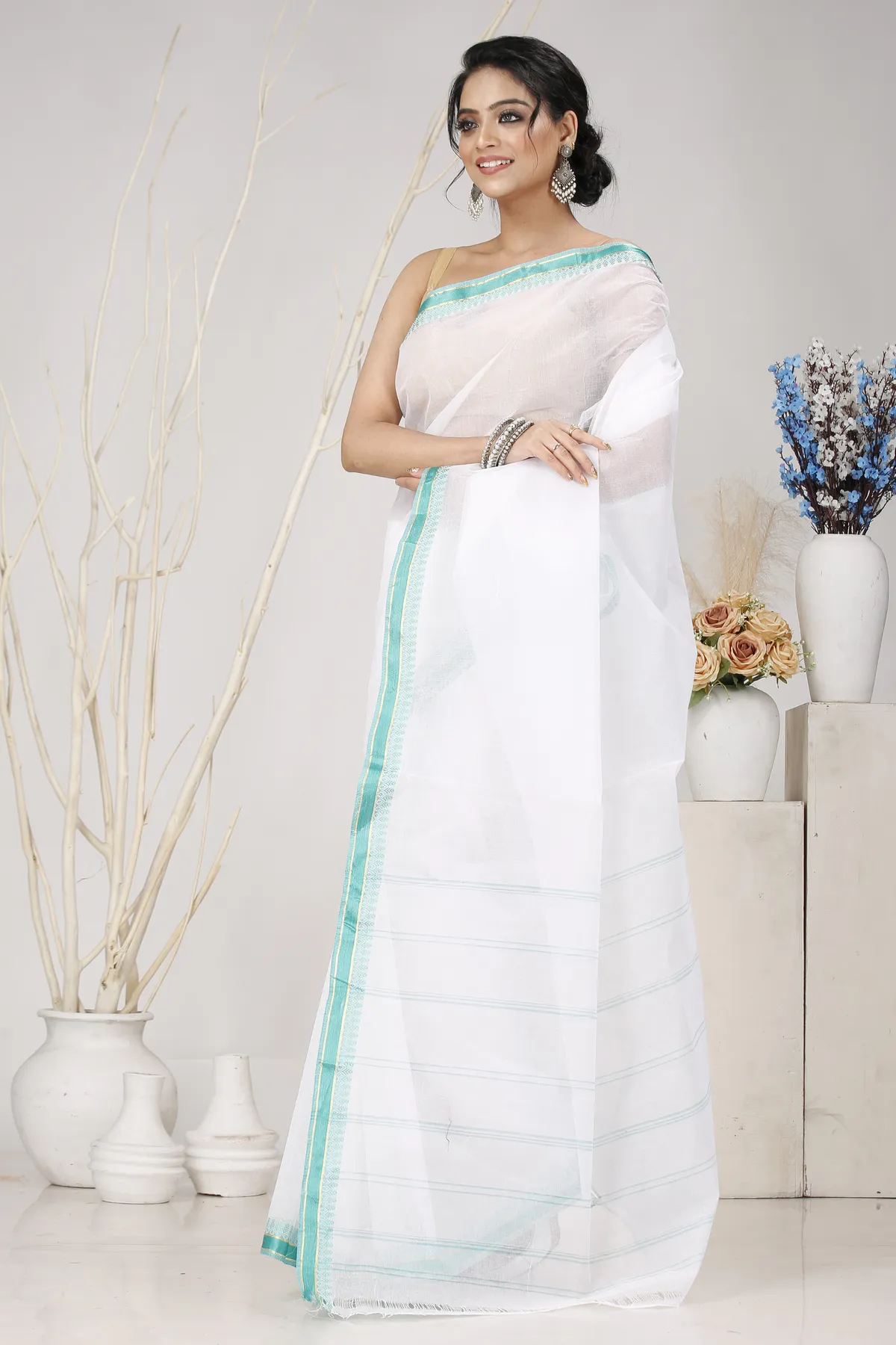 DipDiya Pure Cotton White Light Green Subra Traditional Elegance Tant Sarees