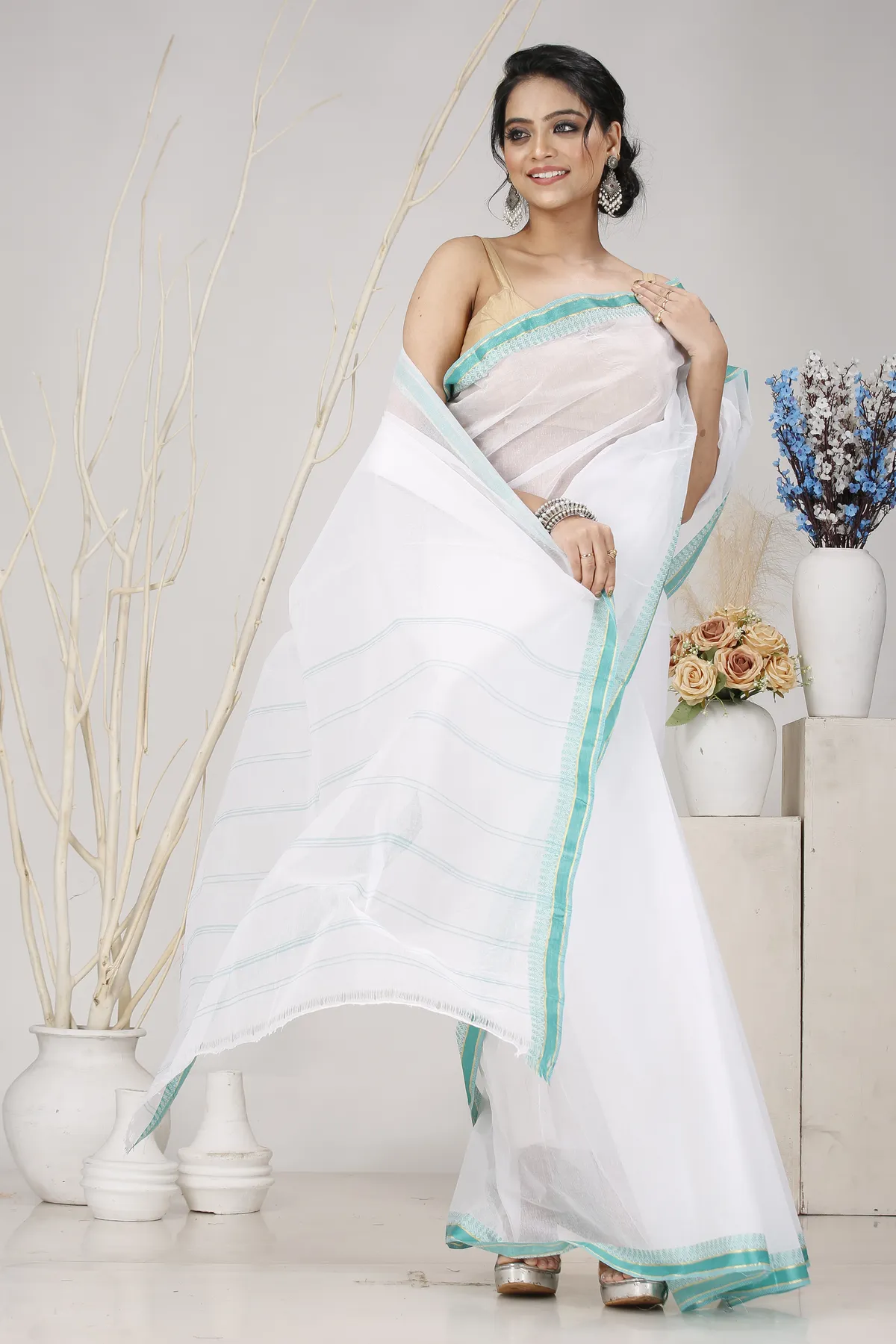 DipDiya Pure Cotton White Light Green Subra Traditional Elegance Tant Sarees