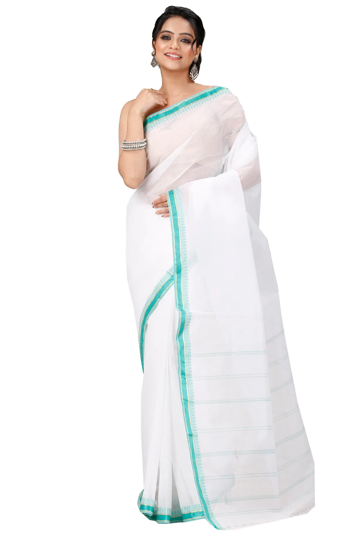 DipDiya Pure Cotton White Light Green Subra Traditional Elegance Tant Sarees