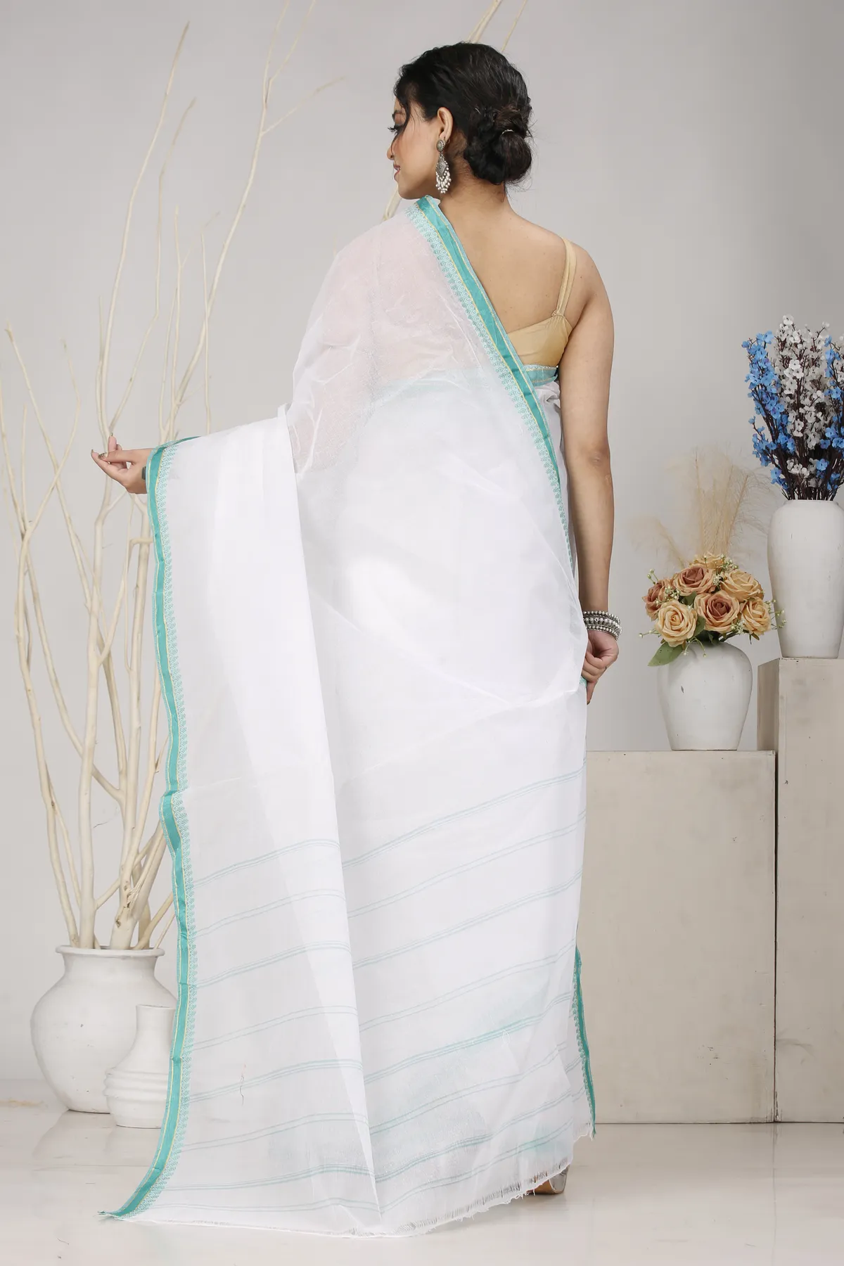 DipDiya Pure Cotton White Light Green Subra Traditional Elegance Tant Sarees