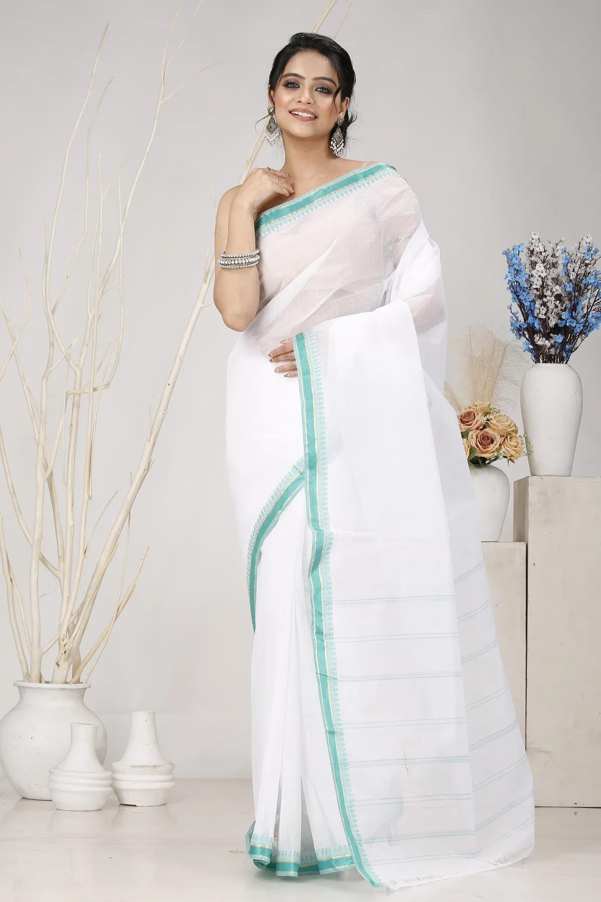 DipDiya Pure Cotton White Light Green Subra Traditional Elegance Tant Sarees