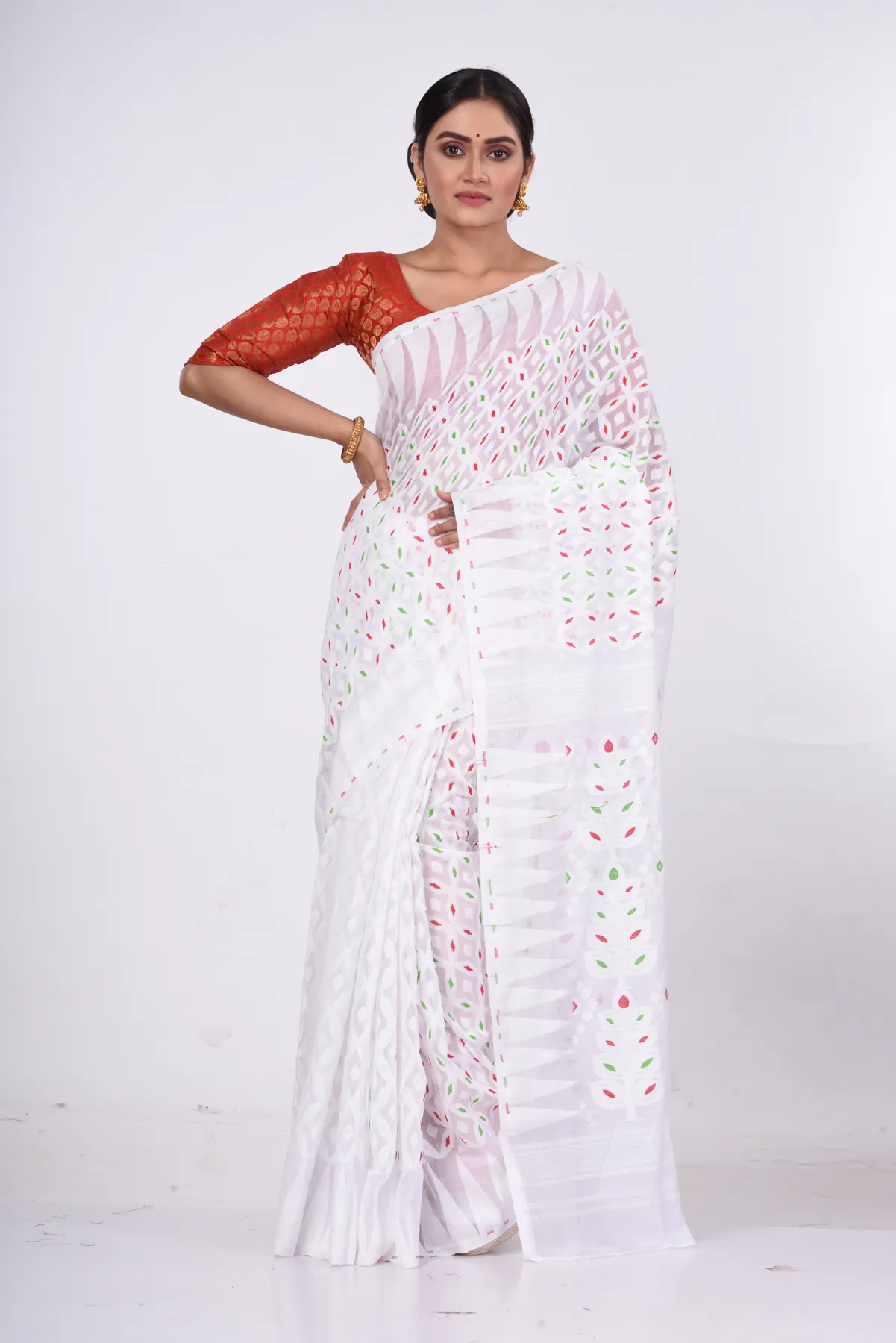 DipDiya Pure Cotton White Minakari Jmdni Woven by Hand Jamdani Sarees