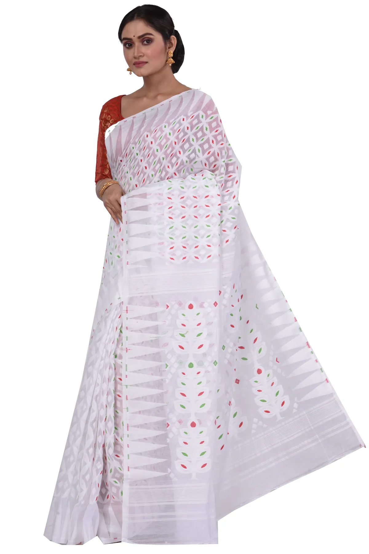 DipDiya Pure Cotton White Minakari Jmdni Woven by Hand Jamdani Sarees