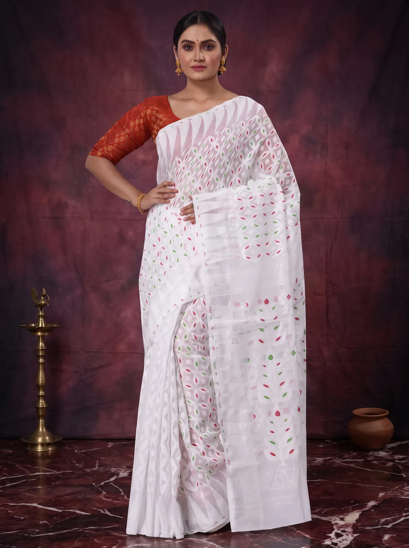 DipDiya Pure Cotton White Minakari Jmdni Woven by Hand Jamdani Sarees