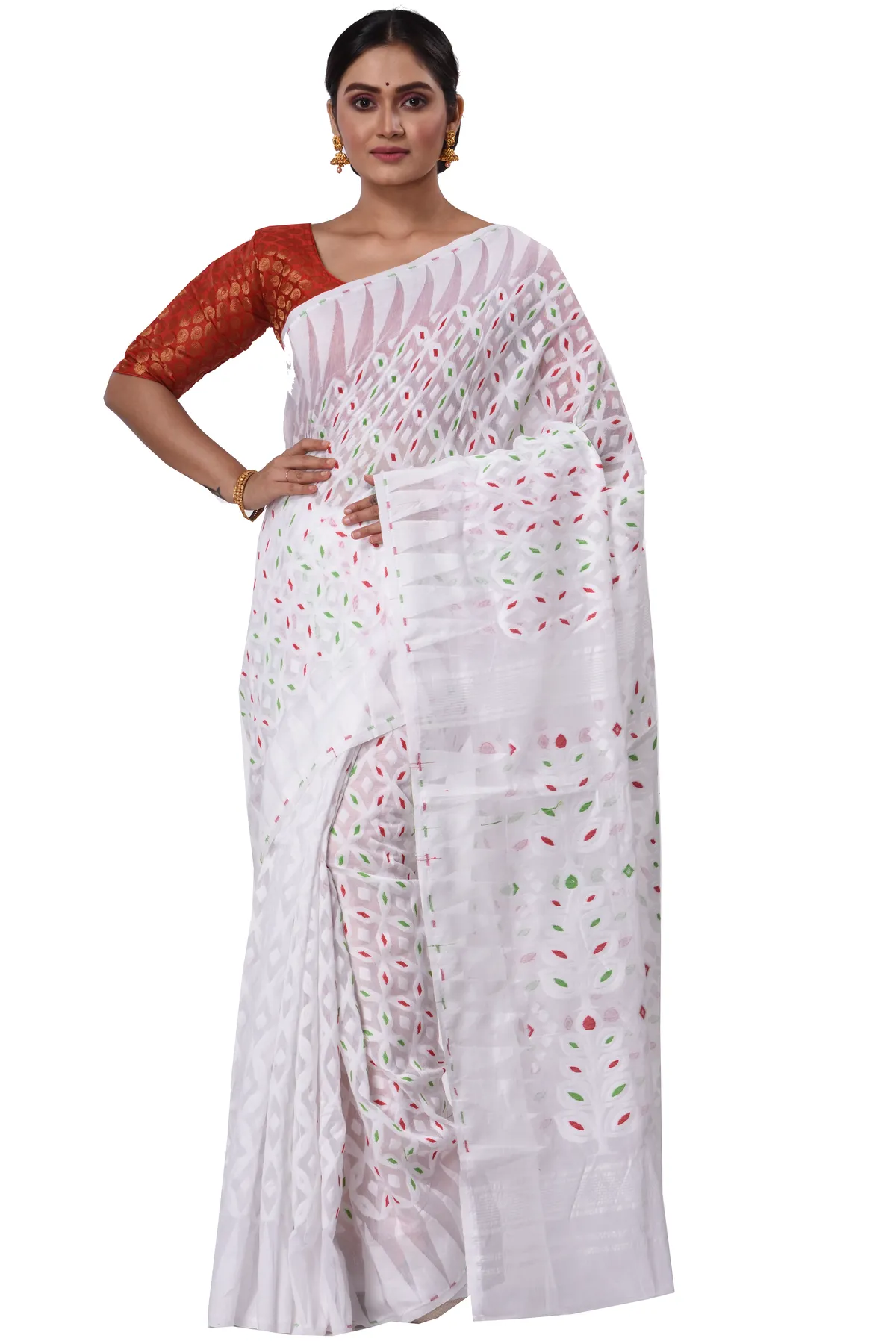 DipDiya Pure Cotton White Minakari Jmdni Woven by Hand Jamdani Sarees
