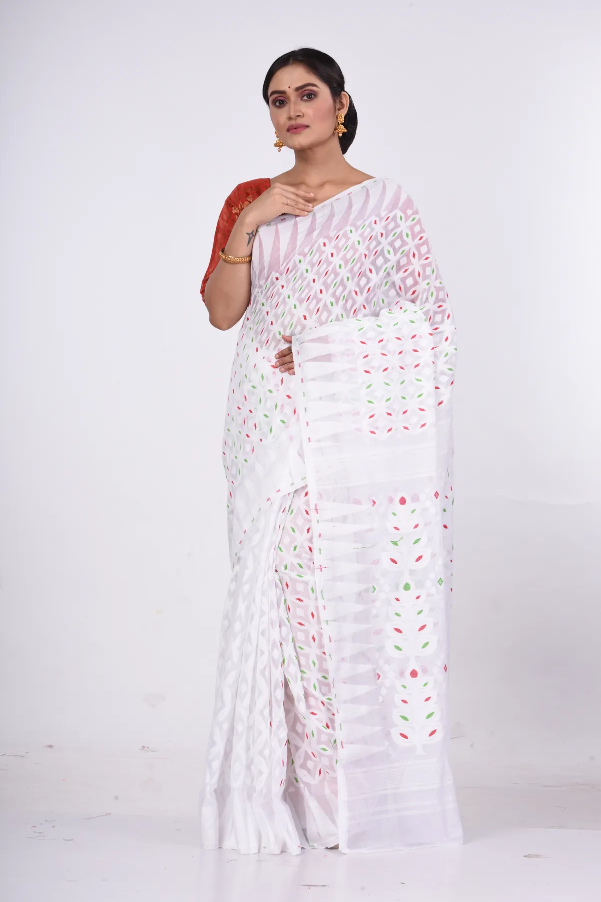 DipDiya Pure Cotton White Minakari Jmdni Woven by Hand Jamdani Sarees