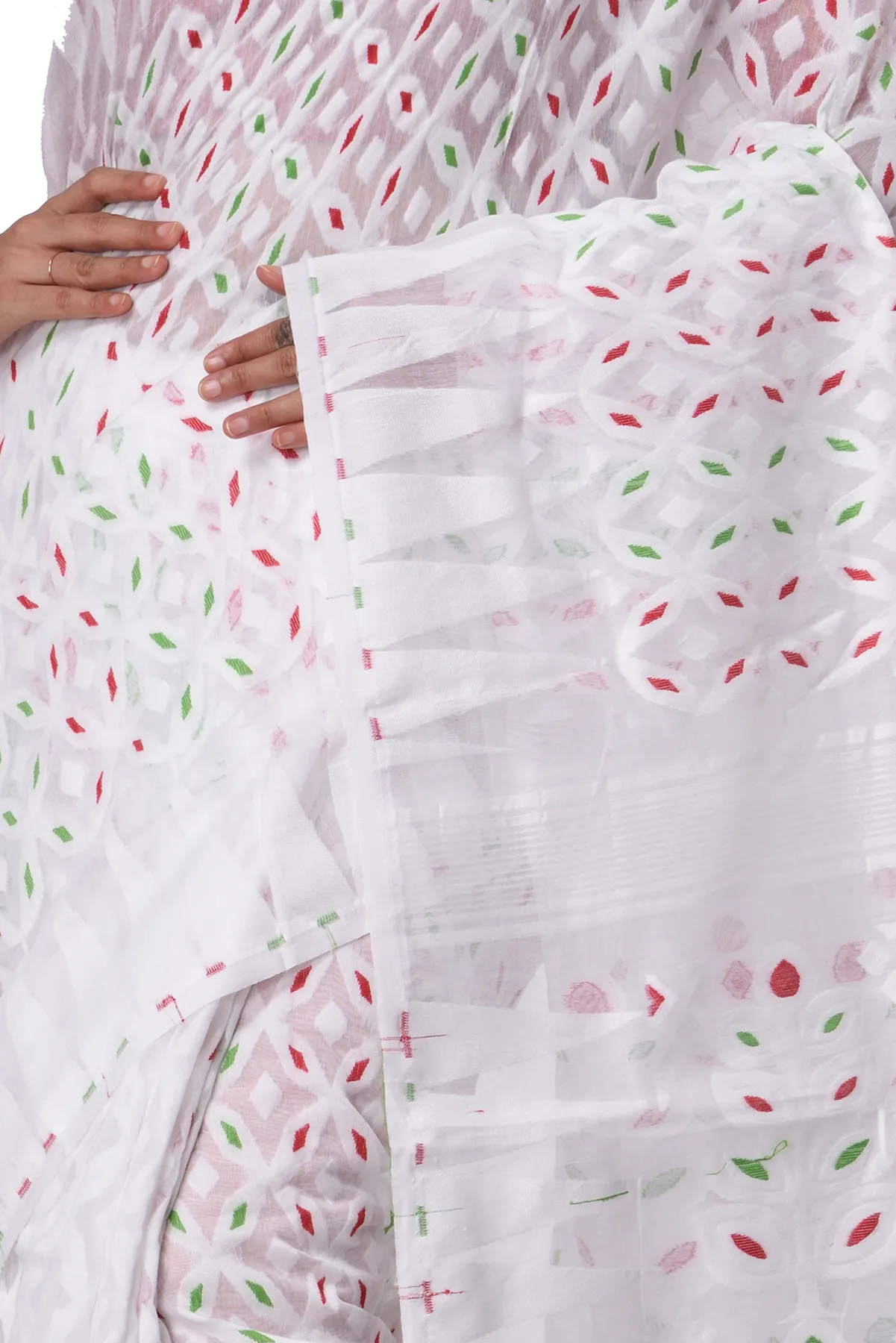 DipDiya Pure Cotton White Minakari Jmdni Woven by Hand Jamdani Sarees