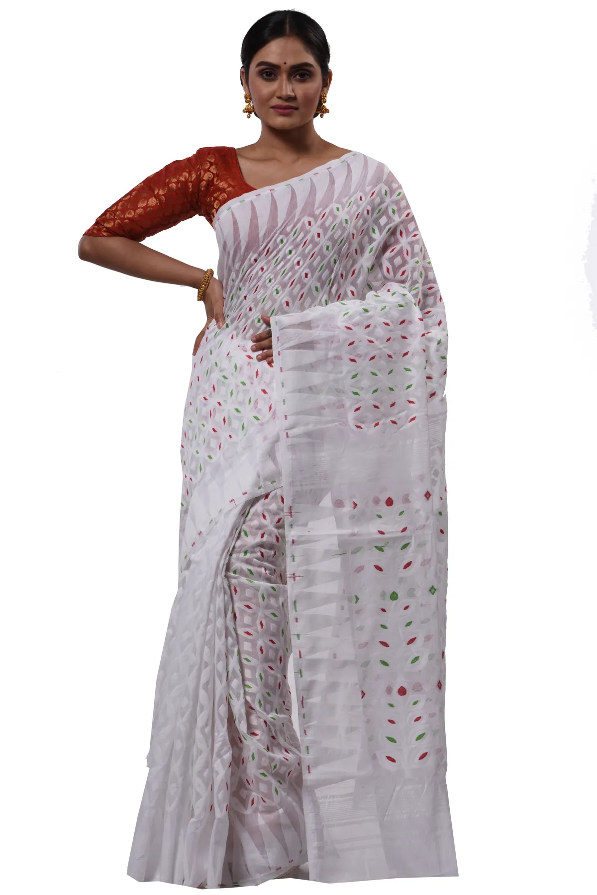 DipDiya Pure Cotton White Minakari Jmdni Woven by Hand Jamdani Sarees