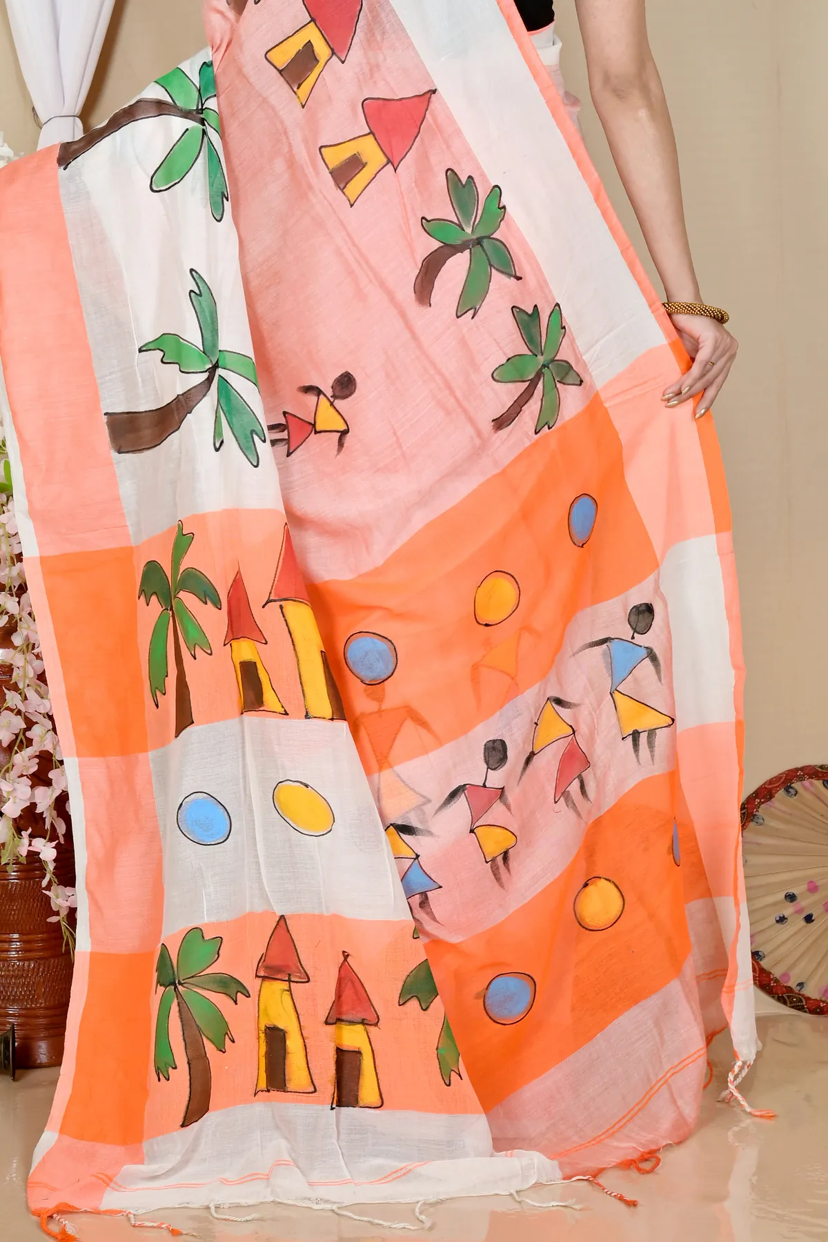 DipDiya Pure Cotton White Orange Khadaka Kousiki Heritage of Bengal Hand Painted Sarees