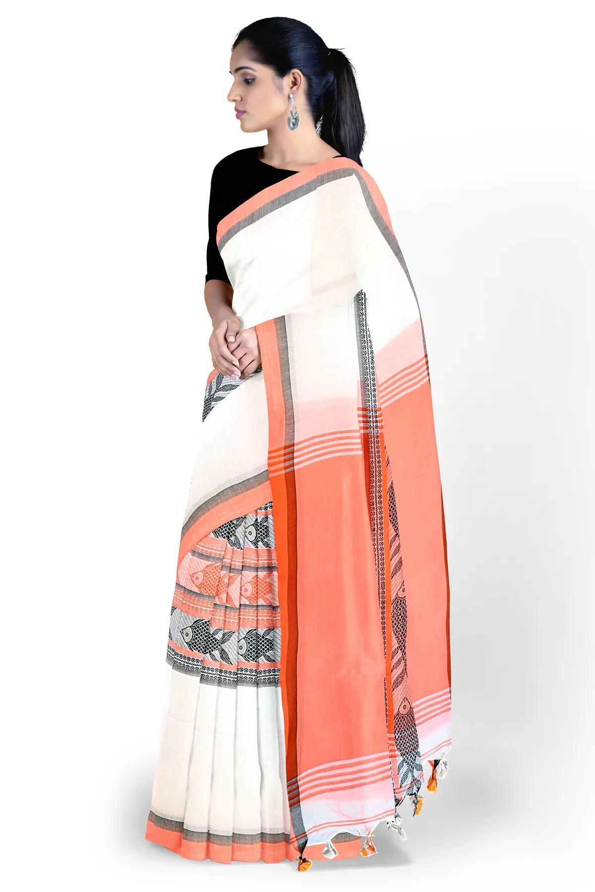 DipDiya Pure Cotton White Orange Marine Traditional Bengali Handloom Sarees