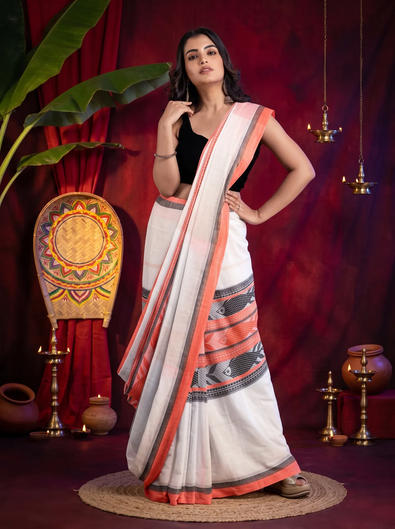 DipDiya Pure Cotton White Orange Marine Traditional Bengali Handloom Sarees