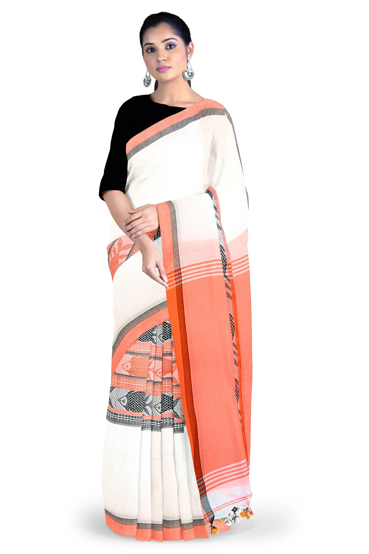 DipDiya Pure Cotton White Orange Marine Traditional Bengali Handloom Sarees