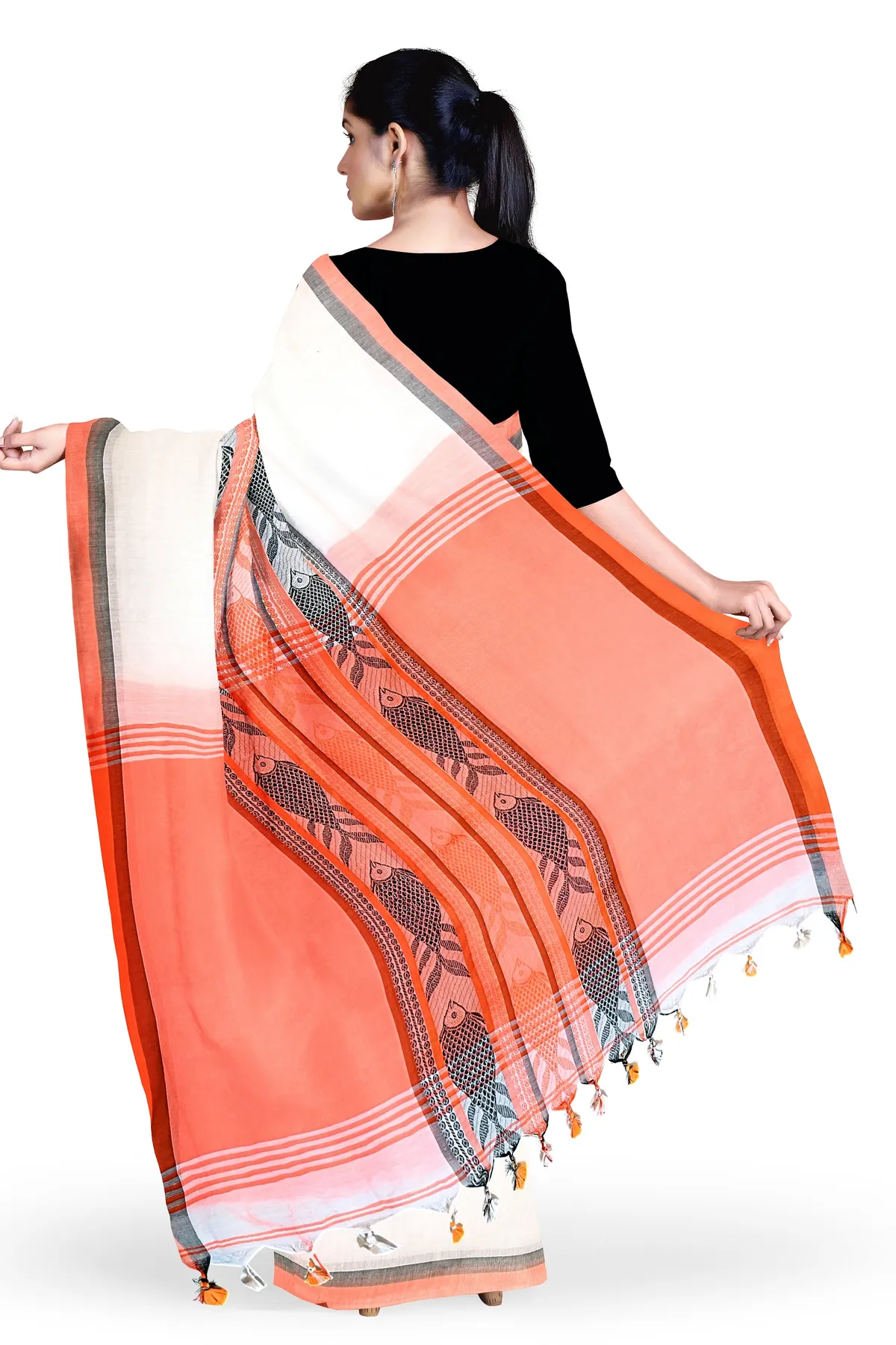 DipDiya Pure Cotton White Orange Marine Traditional Bengali Handloom Sarees