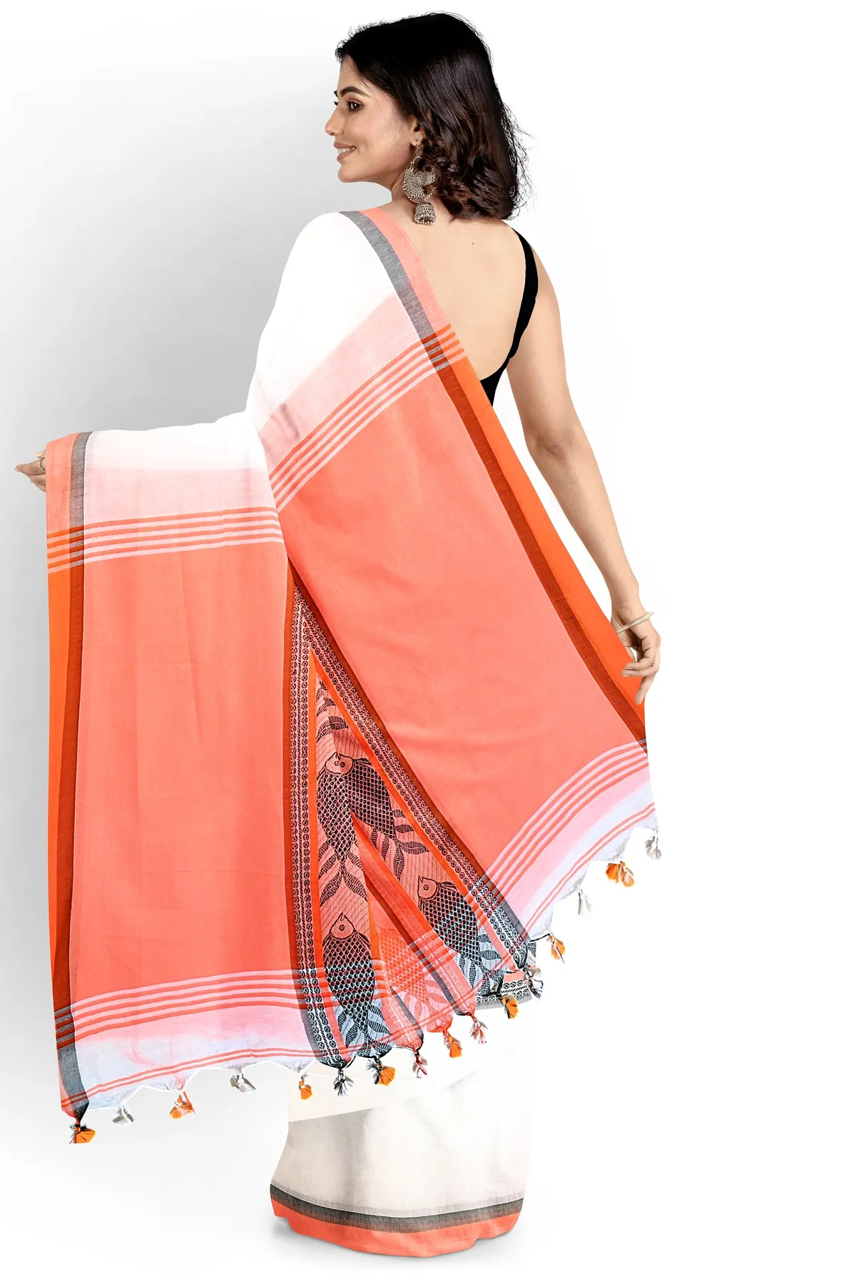 DipDiya Pure Cotton White Orange Marine Traditional Bengali Handloom Sarees