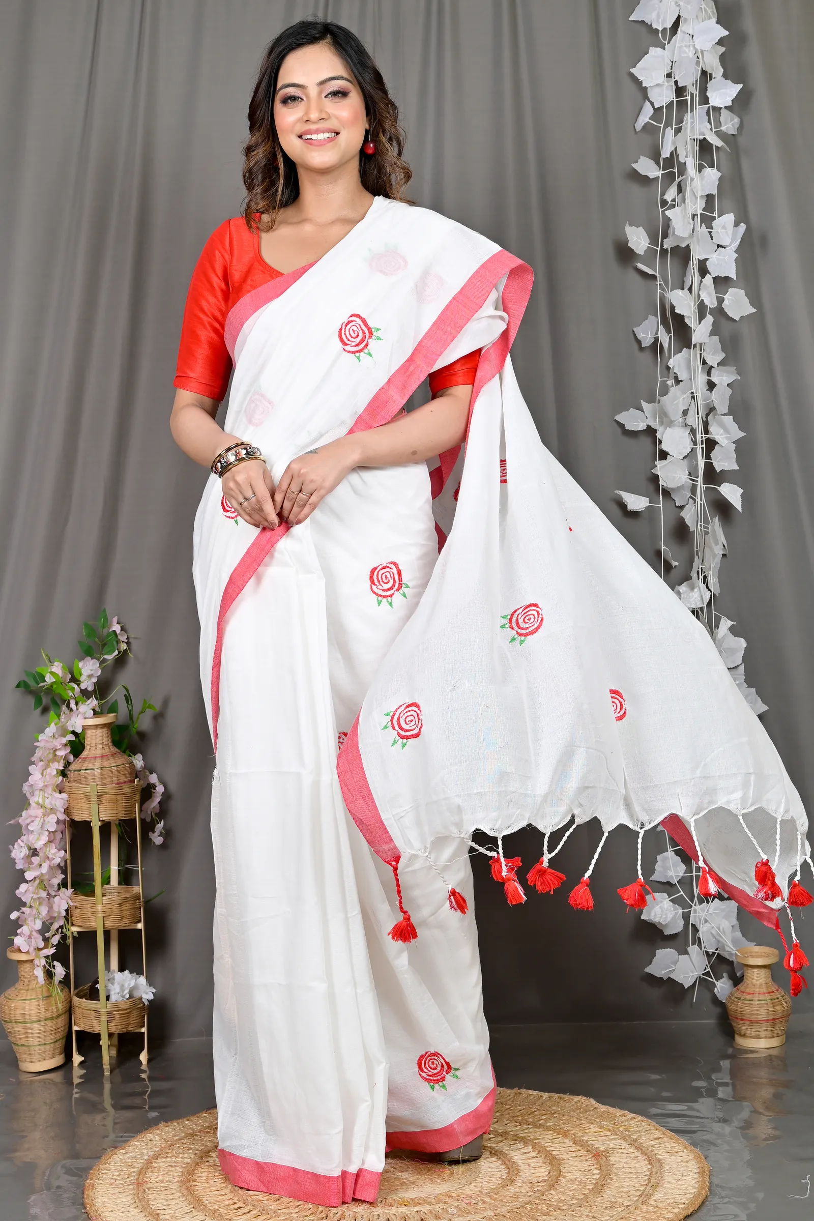 DipDiya Pure Cotton White Parag A Legacy Woven Embroidery Handloom sarees