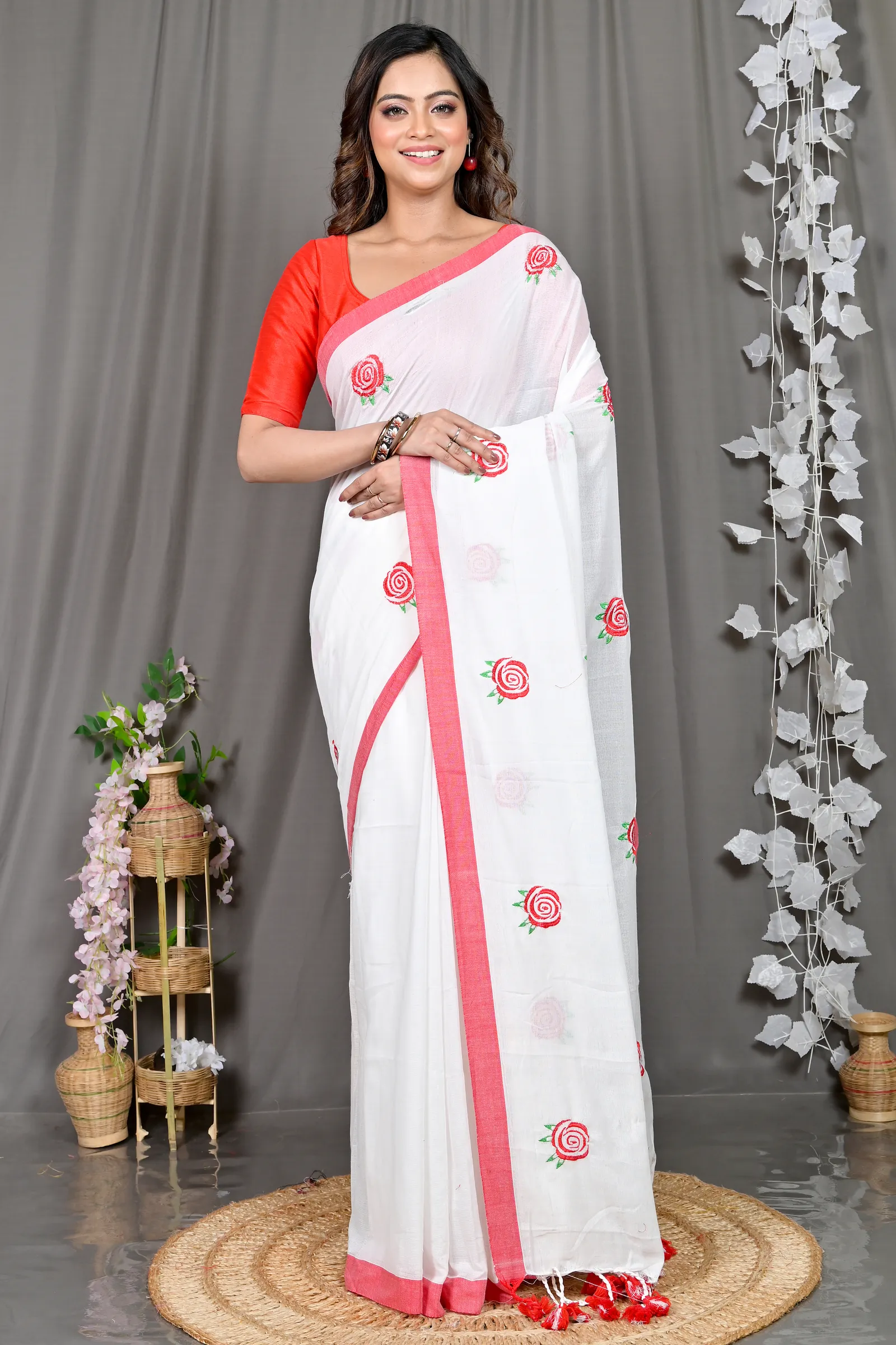 DipDiya Pure Cotton White Parag A Legacy Woven Embroidery Handloom sarees
